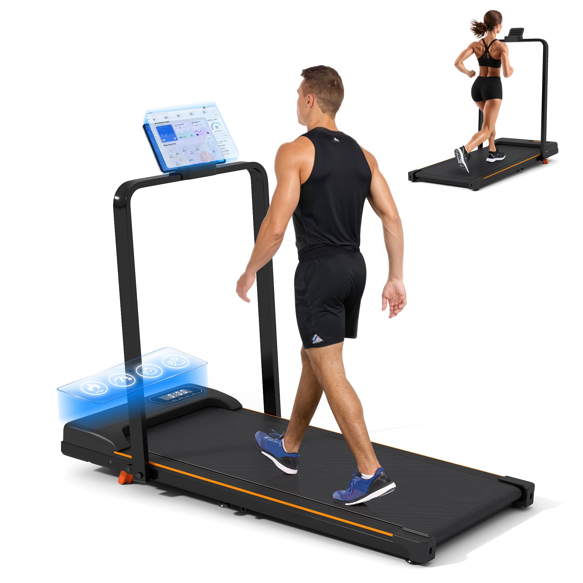 Folding Treadmill with Handrail & Adjustable Incline, 1-10 km/h Running Machine, Space Saving Low Noise Design, LED Display, Phone Holder, Remote Control, Transport Wheels & Plug, Black.
