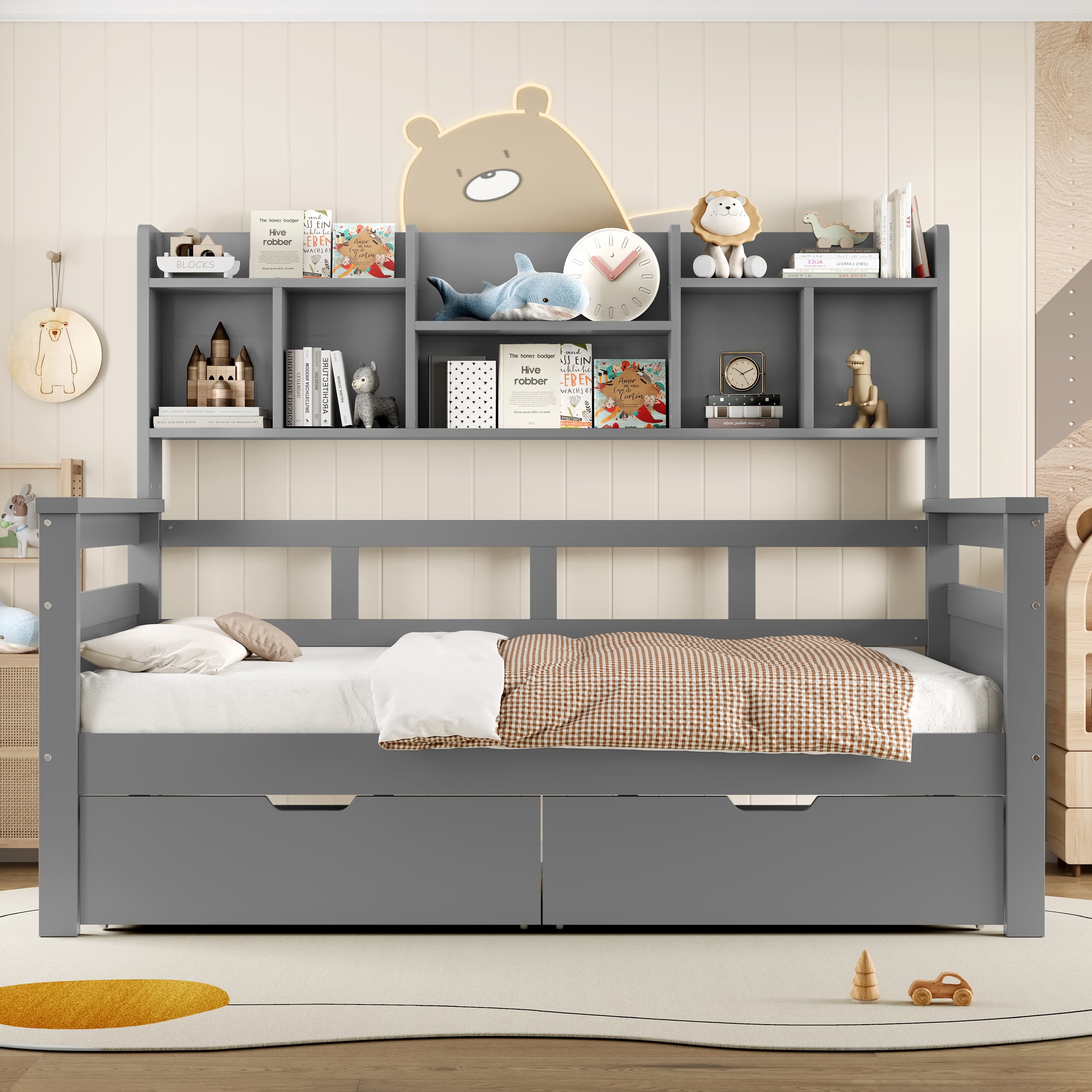 3ft Single Beds for Kids with Two Storage Drawers and Bookcase headboard, Wooden Bed Frame with Storage and Guardrail, Space-Saving Design for Bedroom, Dorm and Study Room, Grey (No Mattress)