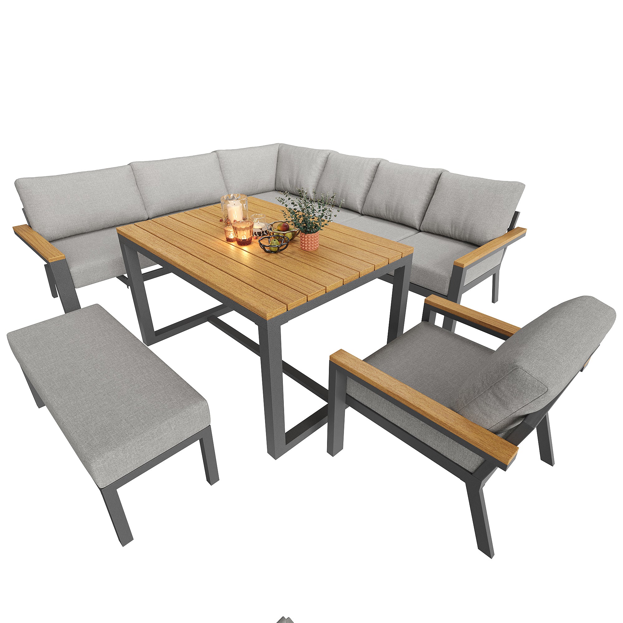 Eight-person L-shaped garden sofa set with wooden table / Weatherproof corner suite made of iron / Including armchair, bench & wooden worktop / With grey cushions