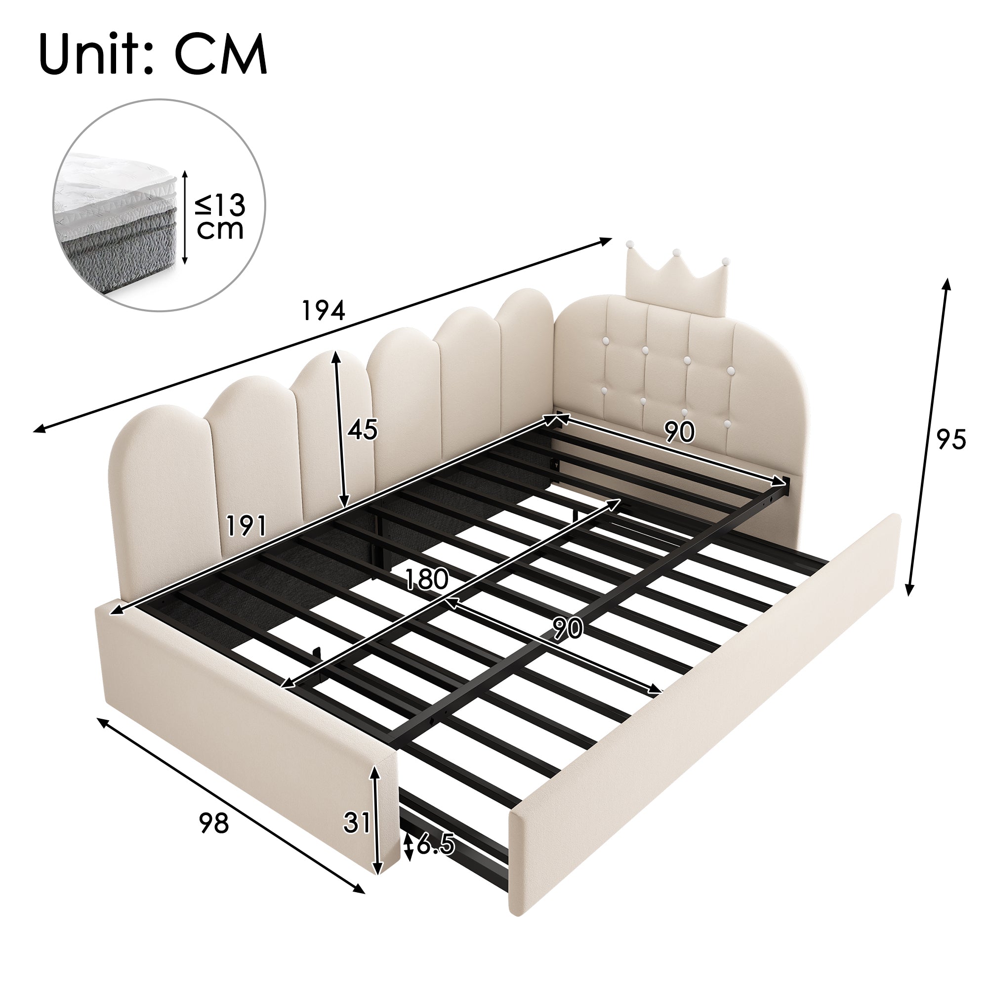 Upholstered Daybed with Pull-Out Bed, Crown-shaped Trundle Bed, 3FT Single Sofa Bed 90 x 190 cm, Guest Beds for Adults & Children, Bed with Metal Slatted Frame, Velvet, Beige (No Mattress)