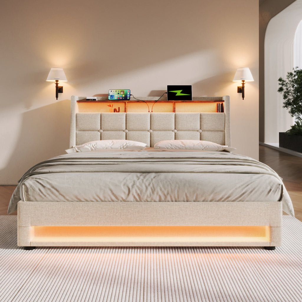 Upholstered Double Bed 135 x 190 cm with LED Lighting, USB Type-C Charging Function, Storage Headboard, 4FT6 Double Bed Storage Bed Frame with Metal Slatted Frame, Linen, Beige (No Mattress)
