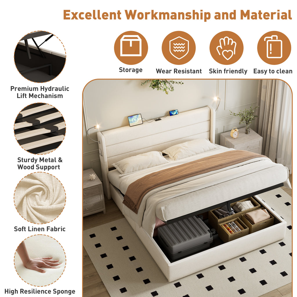 Double Upholstered Bed with Charging Station, Linen Hydraulic Storage Bed with Adjustable LED Reading Light, 4ft6 Double Bed Frame with USB and Type - C Ports, No Box Spring Needed, Beige(No Mattress)
