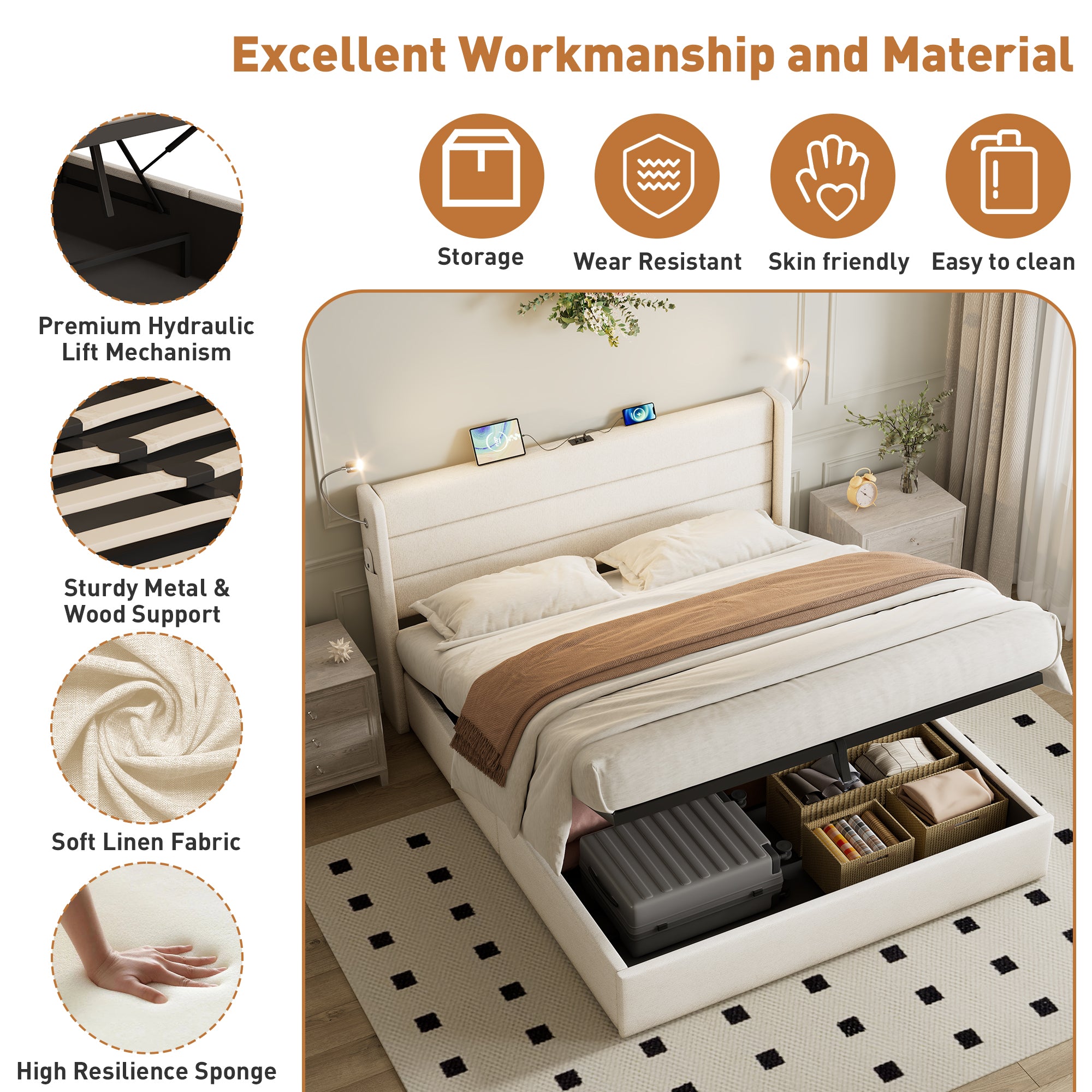 King Upholstered Bed with Charging Station, Linen Hydraulic Storage Bed with Adjustable LED Reading Light, 5ft Double Bed with USB and Type - C Ports, Beige (No Mattress)
