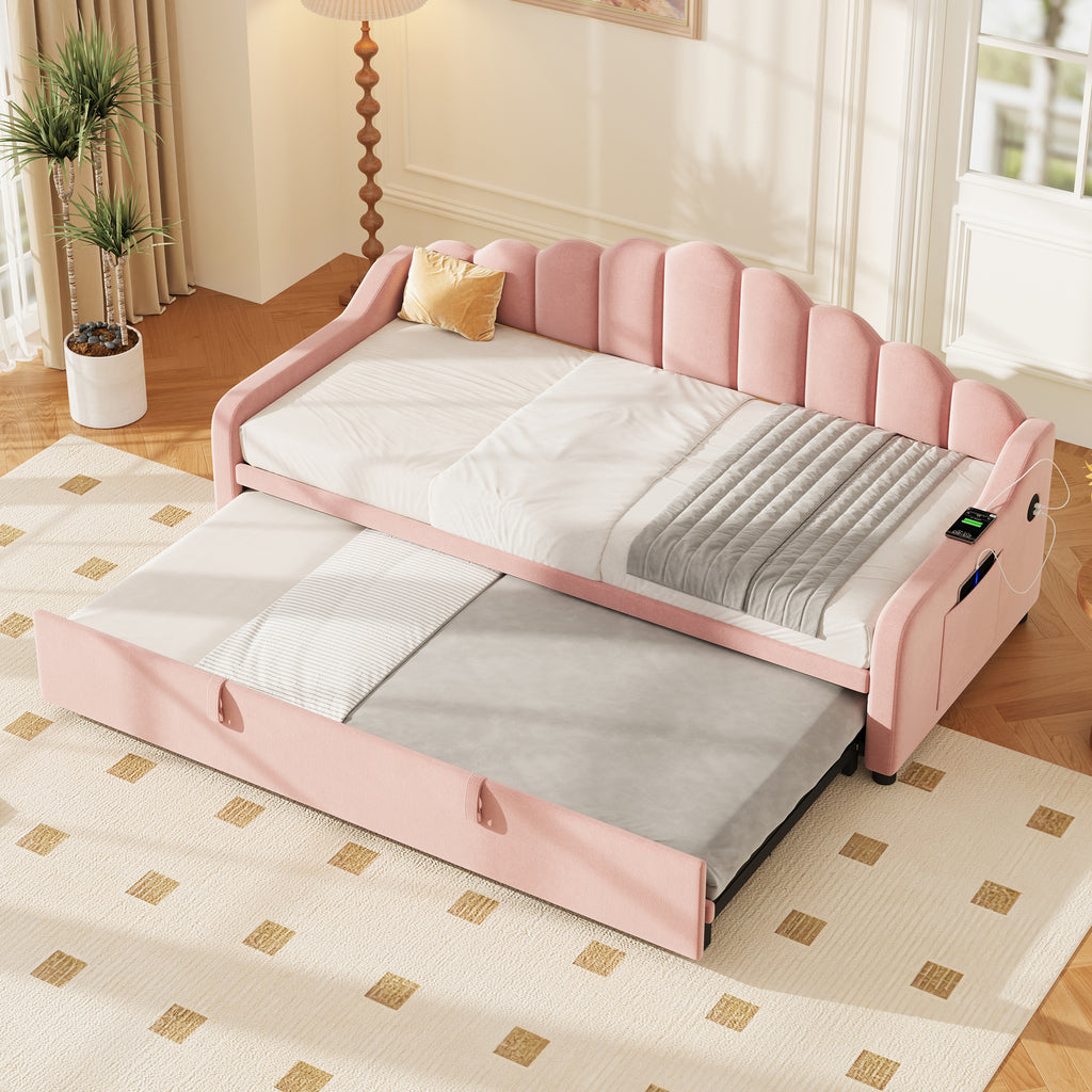 3ft Single Daybed with Pull-out Trundle, Velvet Upholstered Sofa Bed with Side Charging Station & Storage Pockets, Chic Fluted Scalloped Backrest, Pink (No Mattress)