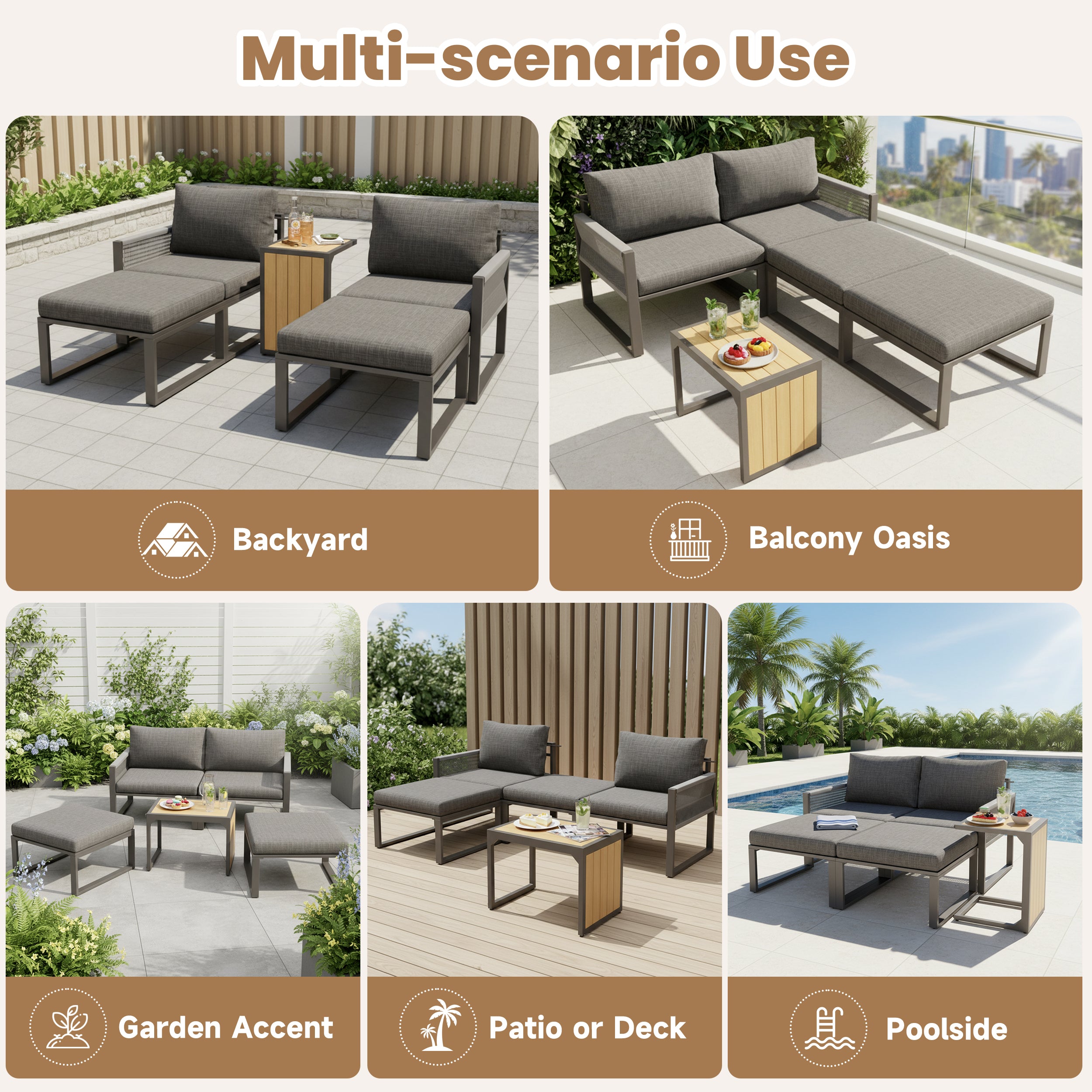 2-4 Seater Modular Garden Furniture Set with Plastic Wood Table, Flexible Corner Sofa with Polyester Rope and Waterproof Linen Fabric, Weatherproof Outdoor Patio Lounge Set, Grey