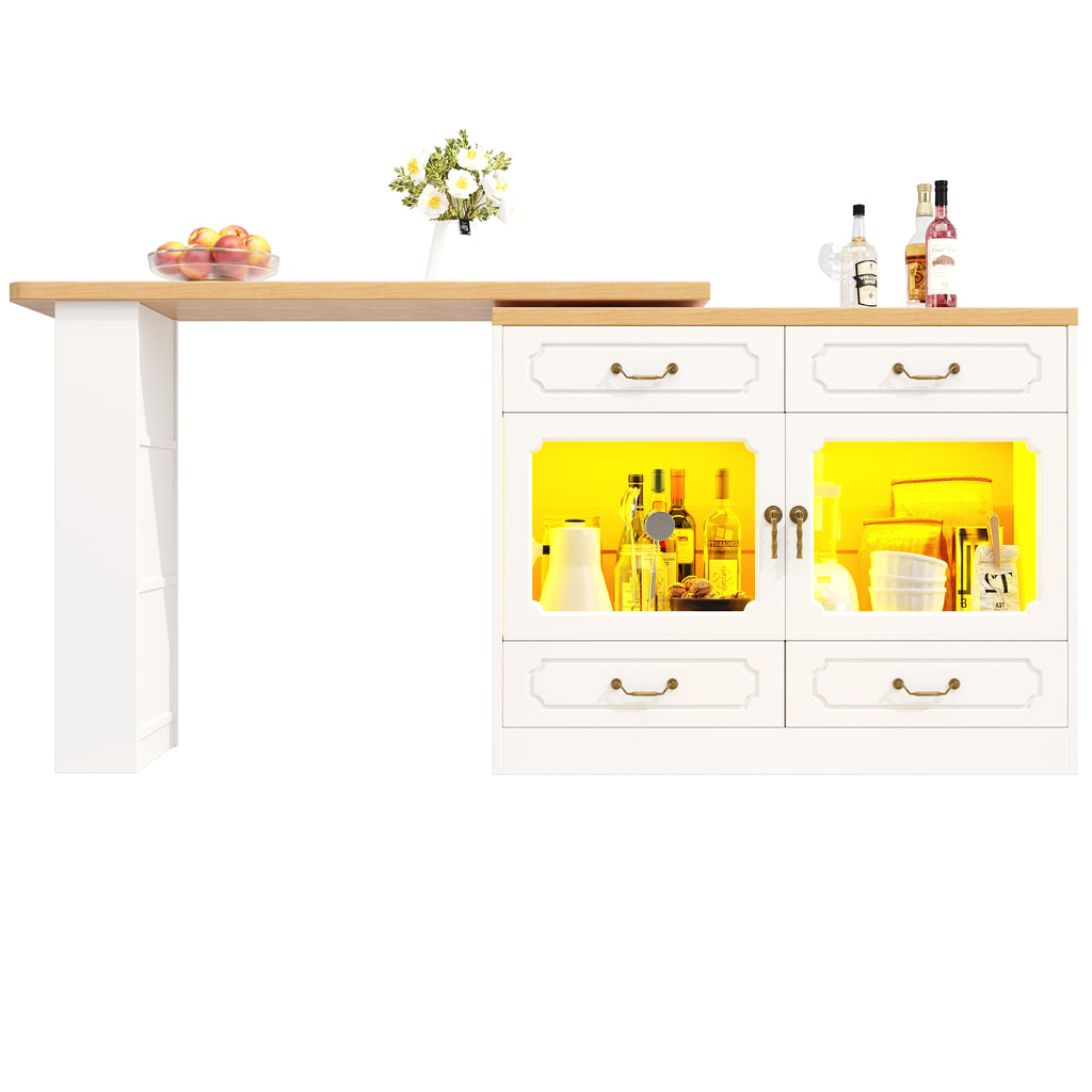 360° Rotating Kitchen Island Bar Table with App Controlled LED Lights, Buffet Sideboard with 4 Drawers & Glass Cabinet, Multifunctional Dining/Work Desk for Living Room & Kitchen
