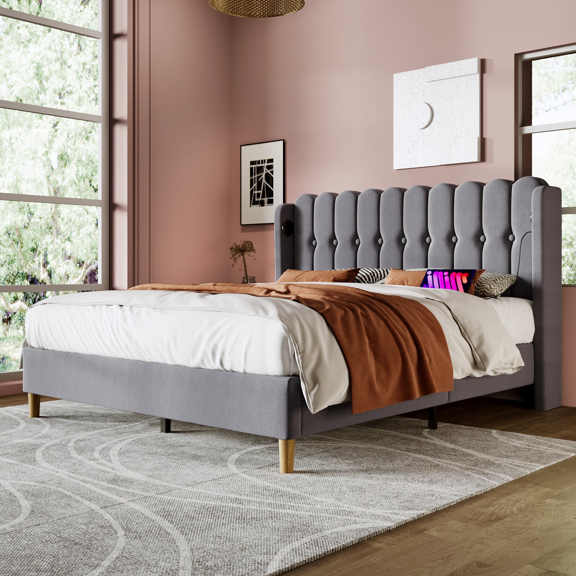 Upholstered Double Bed with USB and Type-C Charging, Bed Frame with Wooden Slatted Frame, Teenager Bed for Bedroom & Guest Room,4ft6 135 x 190 cm Bed Frame, Grey, Linen Material (No Mattress) .