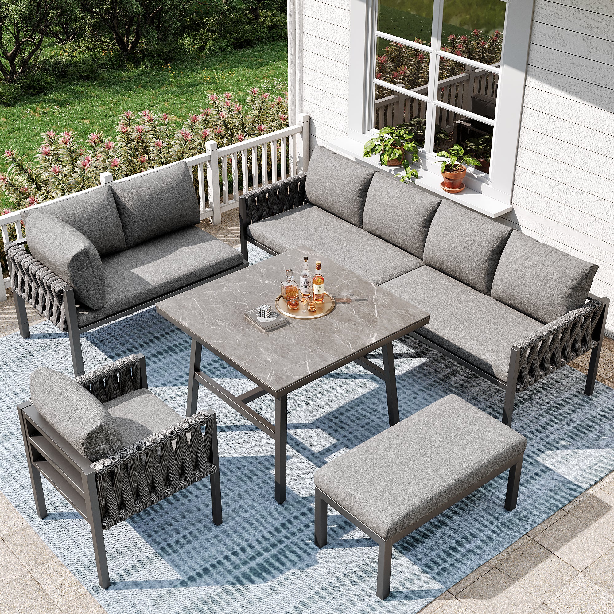 Garden furniture set, rope-weave outdoor sofa set with galvanized steel frame, adjustable legs, L-shaped sofa, tempered glass table top, includes all seat and back cushions, grey