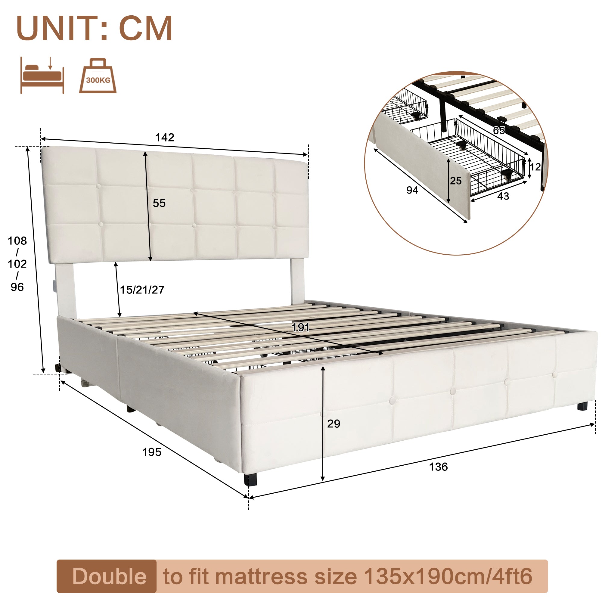 4ft6 Double Upholstered Bed with 4 Storage Drawers, Velvet Bed Frame with Charging Station. Adjustable Button Tufted Headboard with USB and Type - C Ports, No Box Spring Needed, Beige (No Mattress)