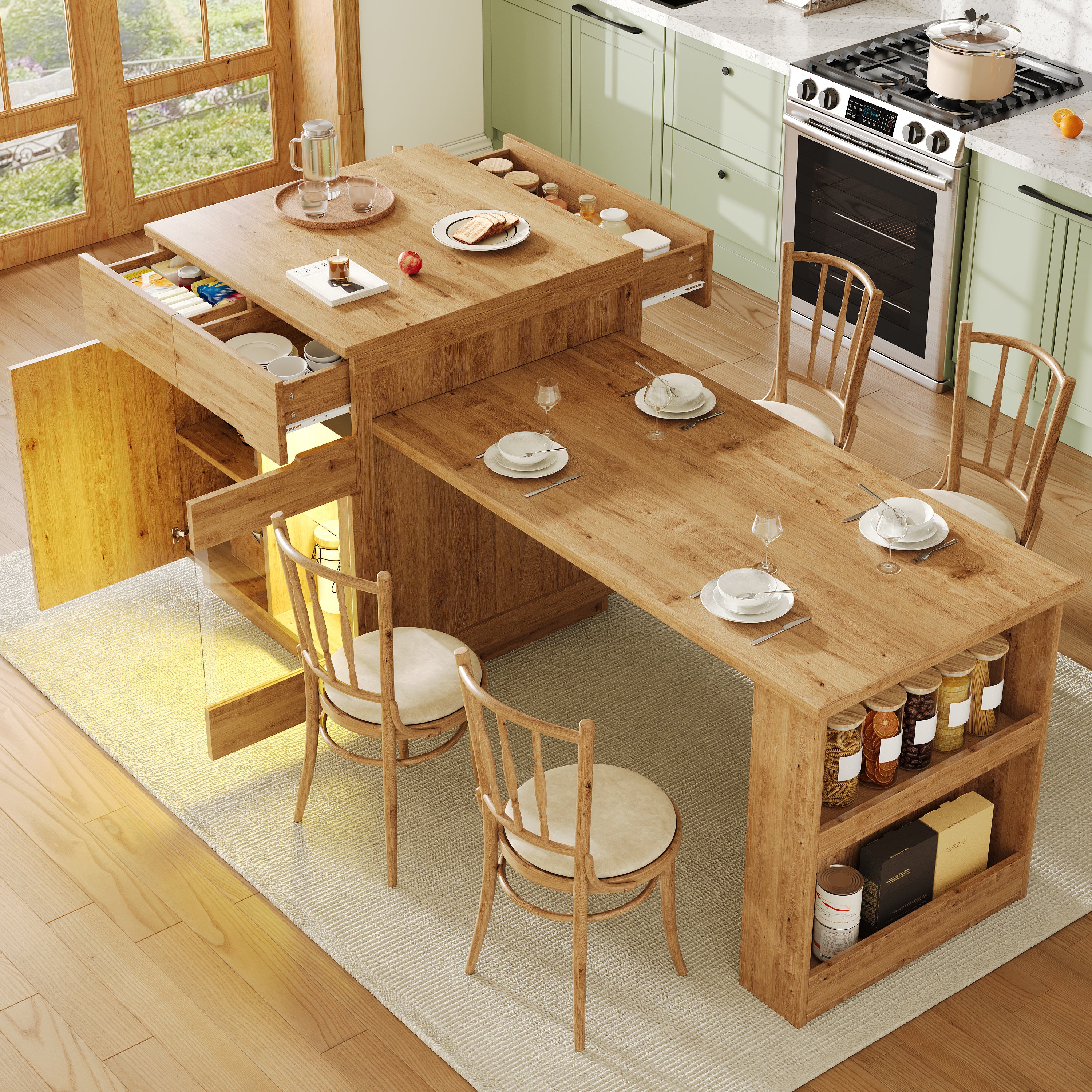 Kitchen Island with Extendable Table, Multifunctional Kitchen Storage Cabinet with LED Lighting (App Control), Oak Effect, Glass Door, for Kitchen & Dining Room