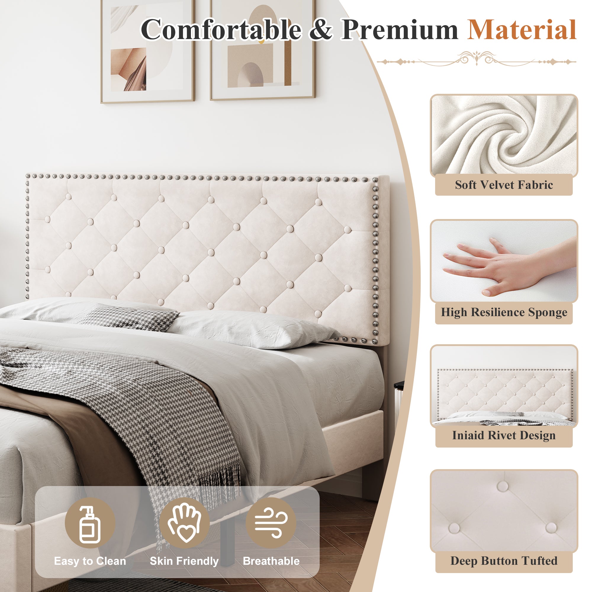 4ft6 Double Upholstered Velvet Bed Frame, with Adjustable Button-Tufted & Riveted Headboard, Velvet Platform Bed Frame with Solid Wood Slat and Mute Foam, No Box Spring Needed, Easy Assembly, Beige