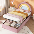 3ft Single Upholstered Hydraulic Bed with Adjustable Rainbow Headboard, Soft Velvet Bed Frame with Hydraulic Storage, Stylish Rainbow Headboard with Crown, No Box Spring Needed, Pink (No Mattress)