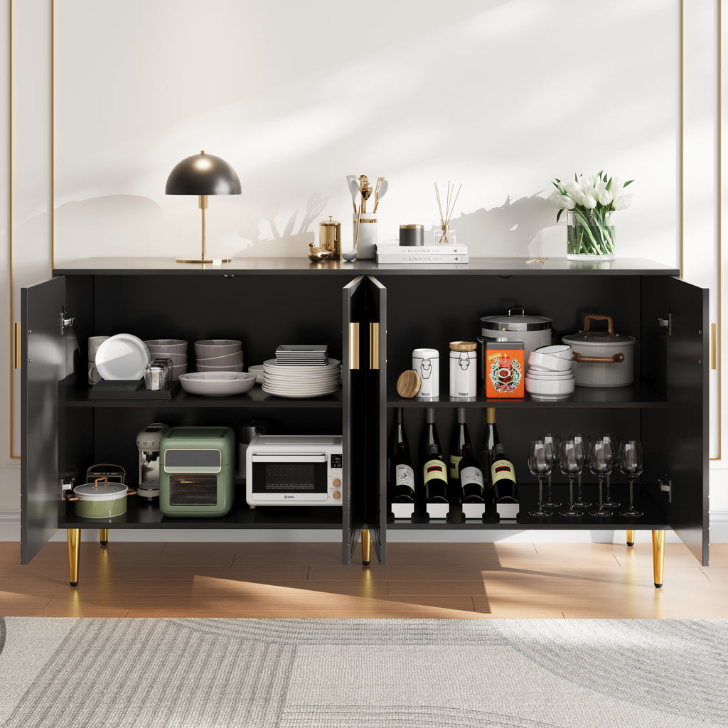 Black sideboard (152 x 40 x 75 cm) with unique wave design and golden handles and feet, creating an elegant dining area