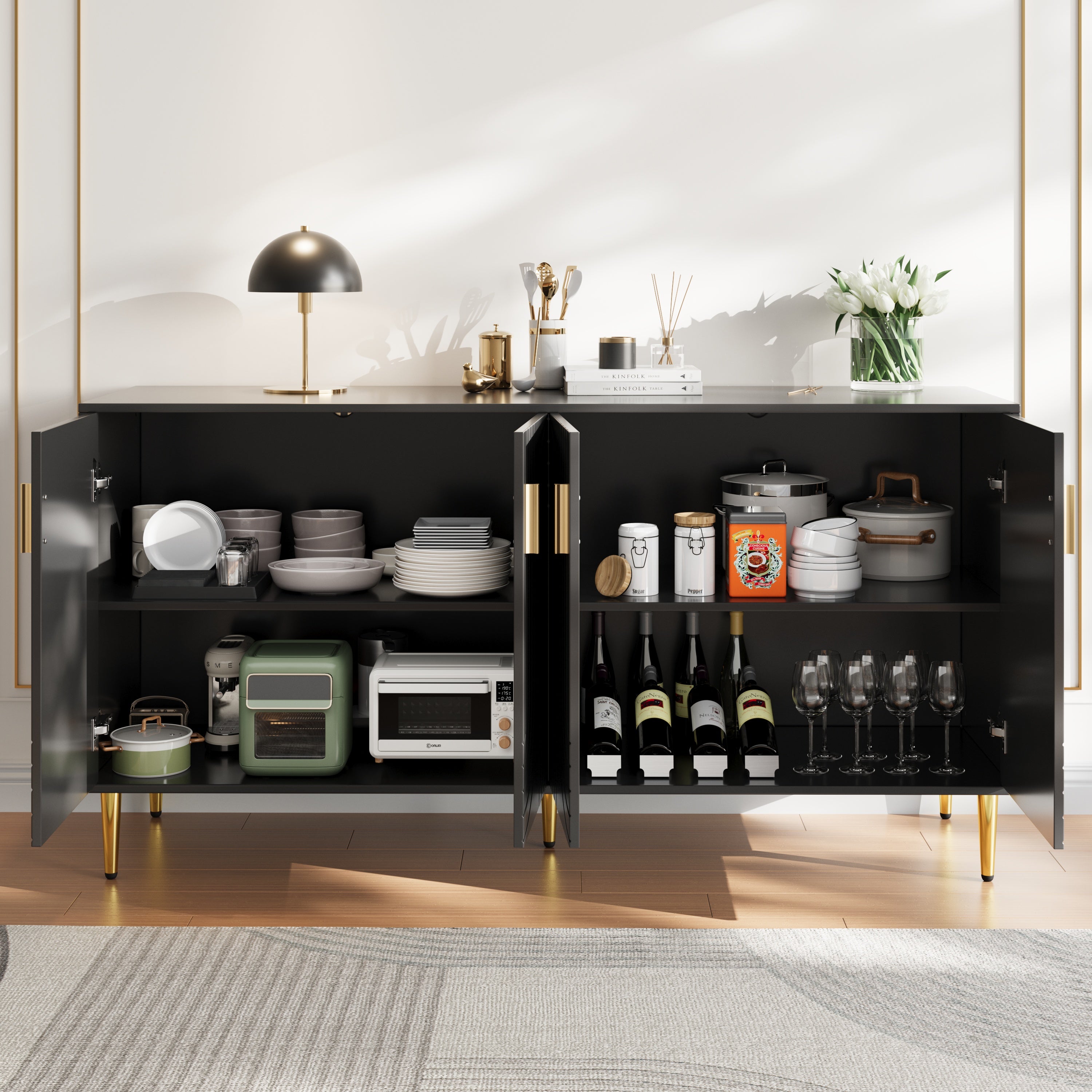 Black sideboard (152 x 40 x 75 cm) with unique wave design and golden handles and feet, creating an elegant dining area