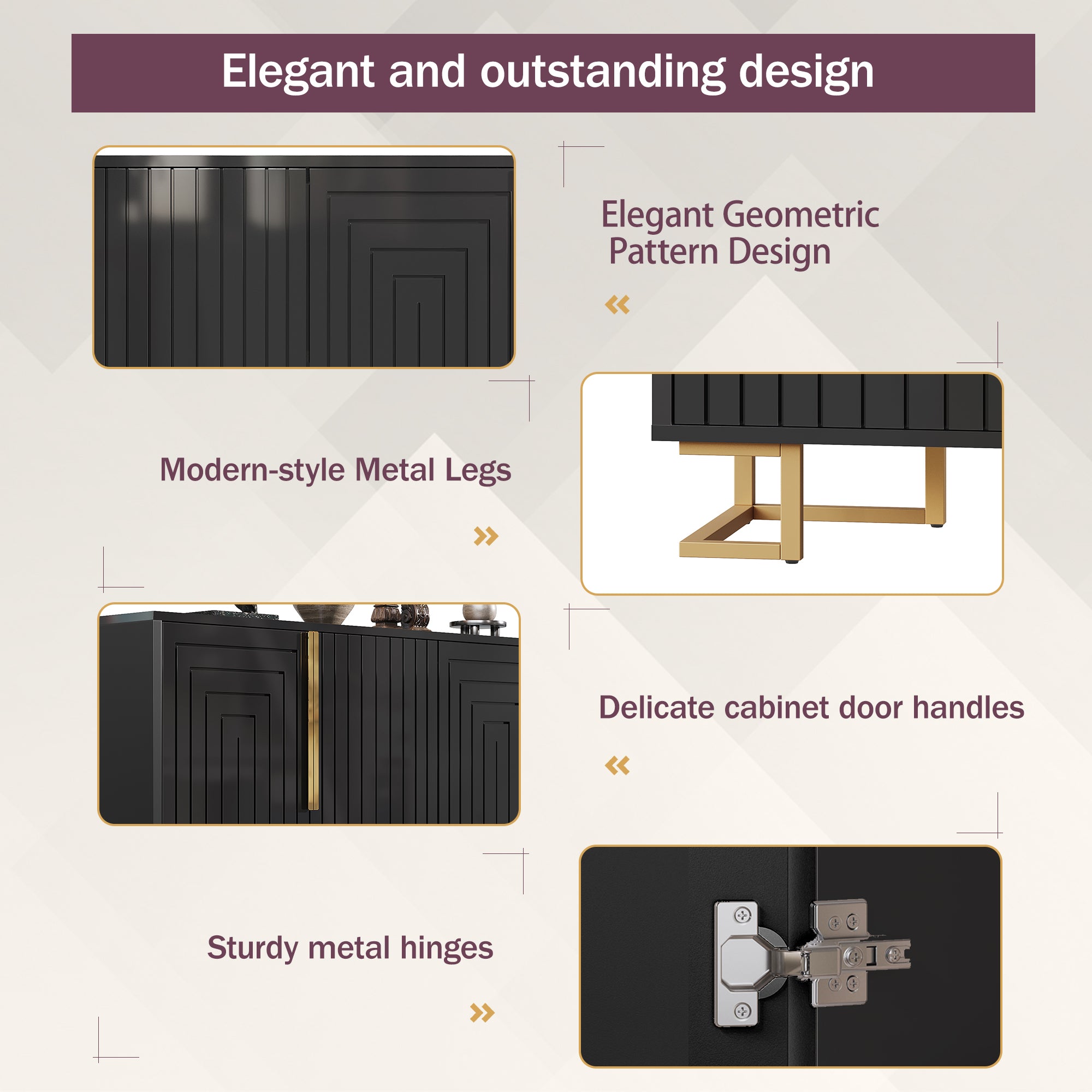 Black sideboard (152 x 40 x 75 cm) features a unique geometric design and gold handles and feet for an elegant feel