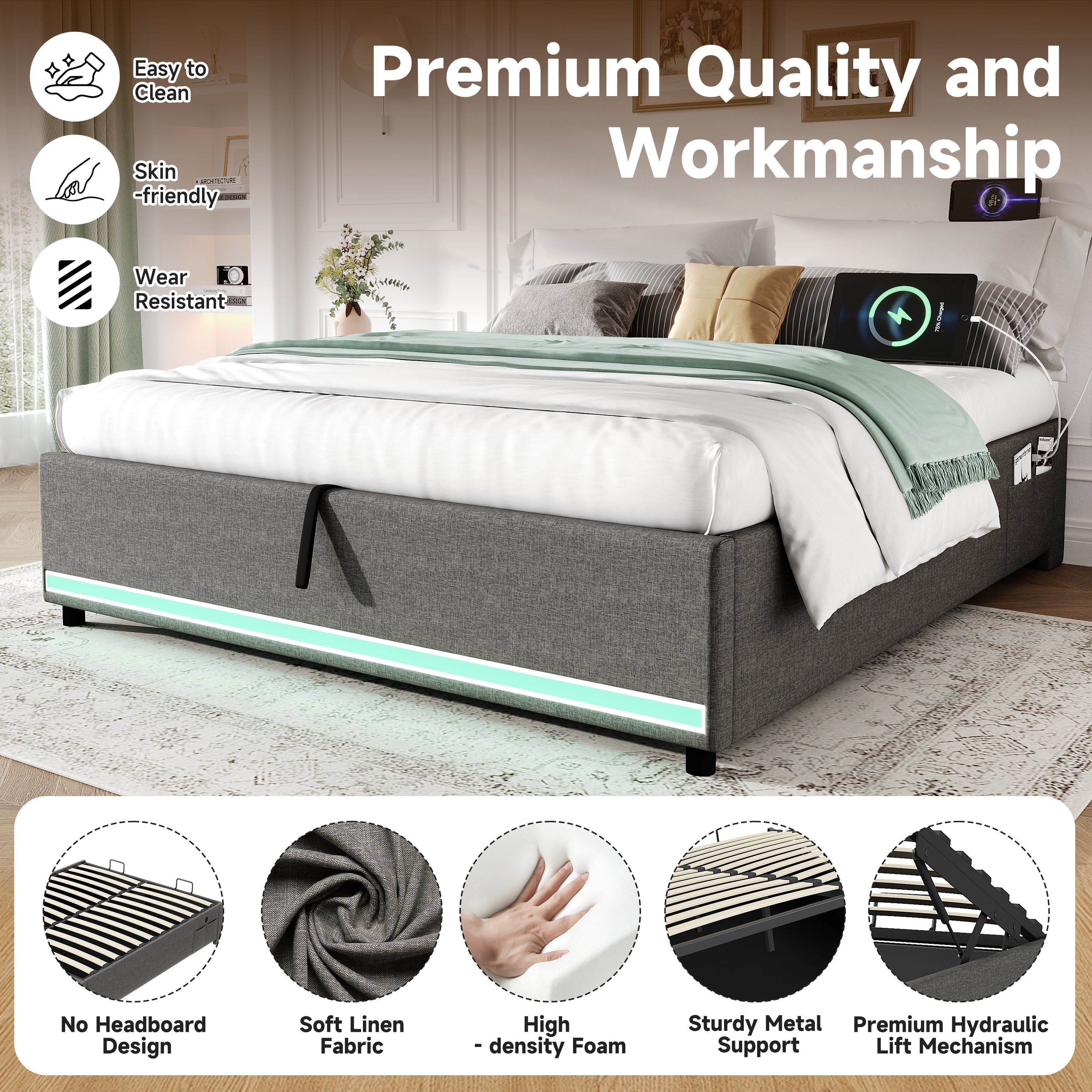 4ft6 Double Hydraulic Storage Bed, No Headboard Linen Bed Frame with APP Control LED Lights, Side Charging Station, Side Pockets, Grey (No Mattress)