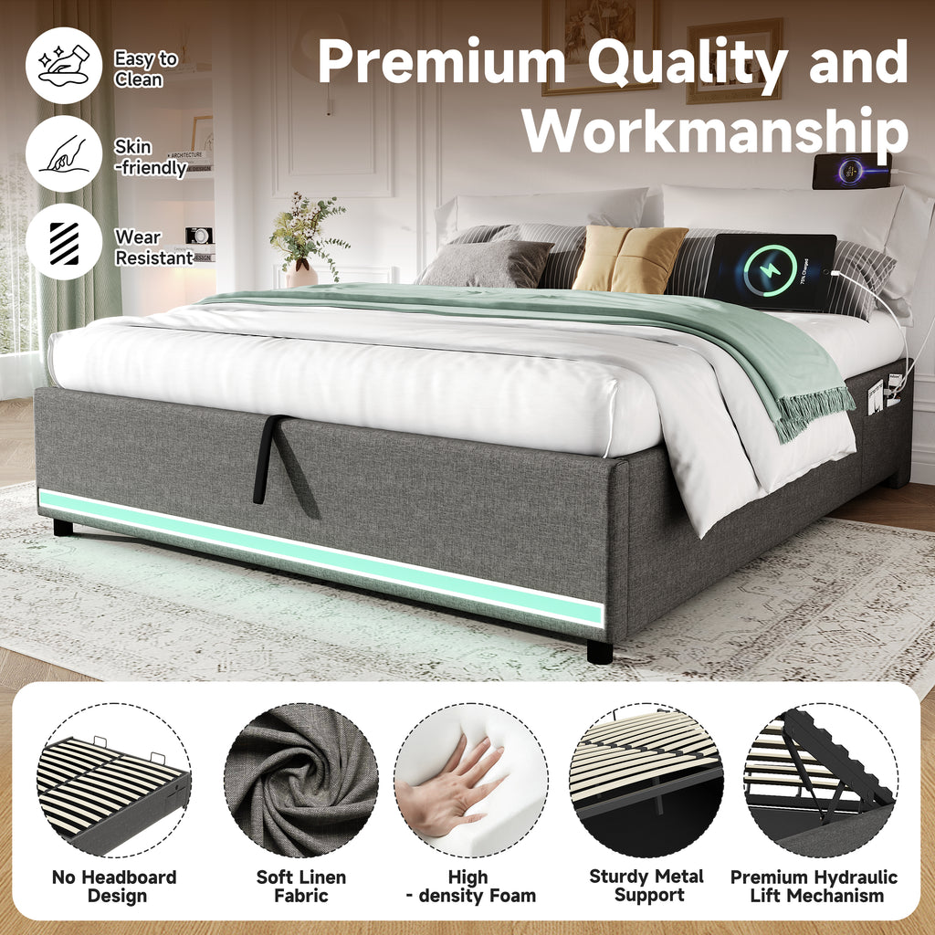 5ft King Hydraulic Storage Bed, No Headboard Linen Bed Frame with APP Control LED Lights, Side Charging Station, Side Pockets, Grey (No Mattress)
