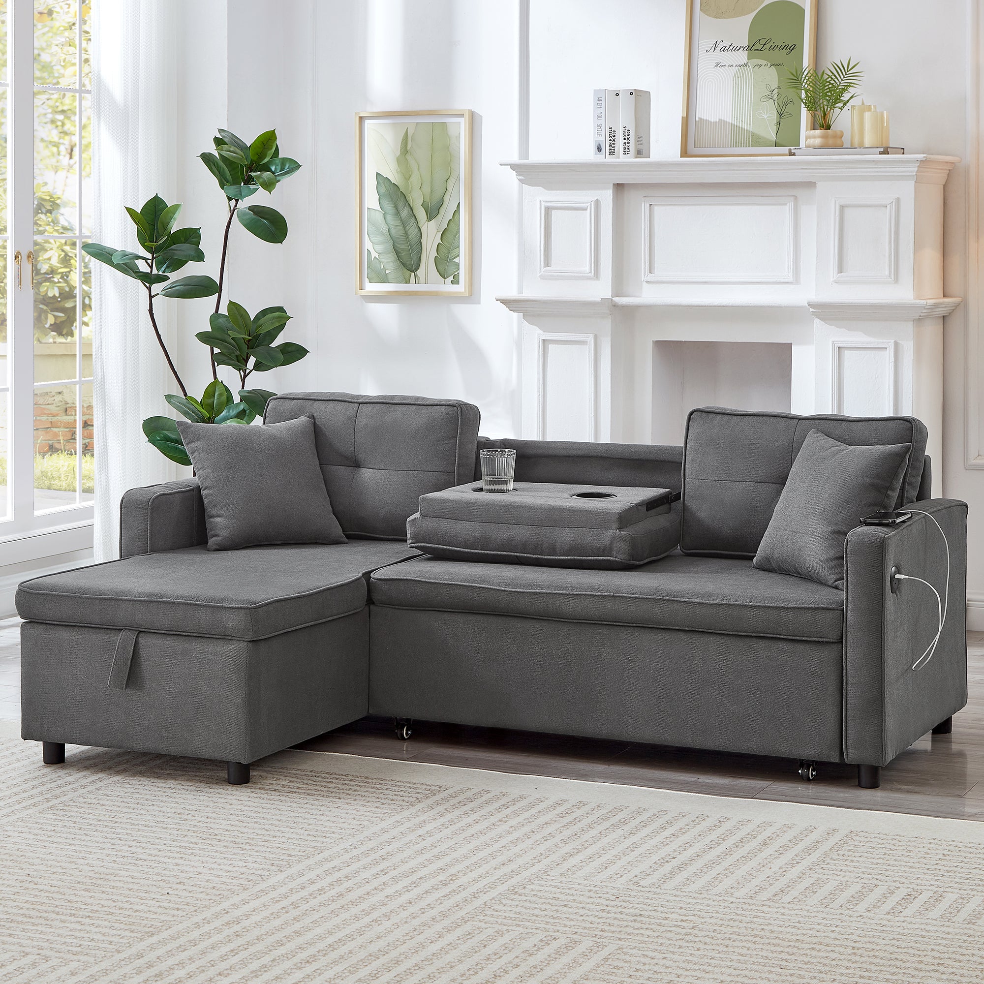 L-Shaped Pull Out Sleep Sofabed, Modern Reversible Sleeper Sectional Sofa, 3 in 1 Convertible Sofa Bed with Storage Chaise, Drop-Down Table, Cup Holders and Charging Ports (USB & Type-C), Grey
