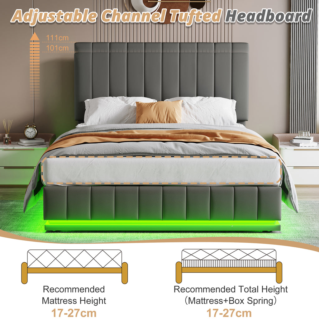 Ottoman King Bed with LED Lighting, PU Leather Upholstered Bed with Hydraulic Storage, 5ft King Bed Frame with Adjustable Channel Tufted Headboard, No Box Spring Needed, Grey (No Mattress)
