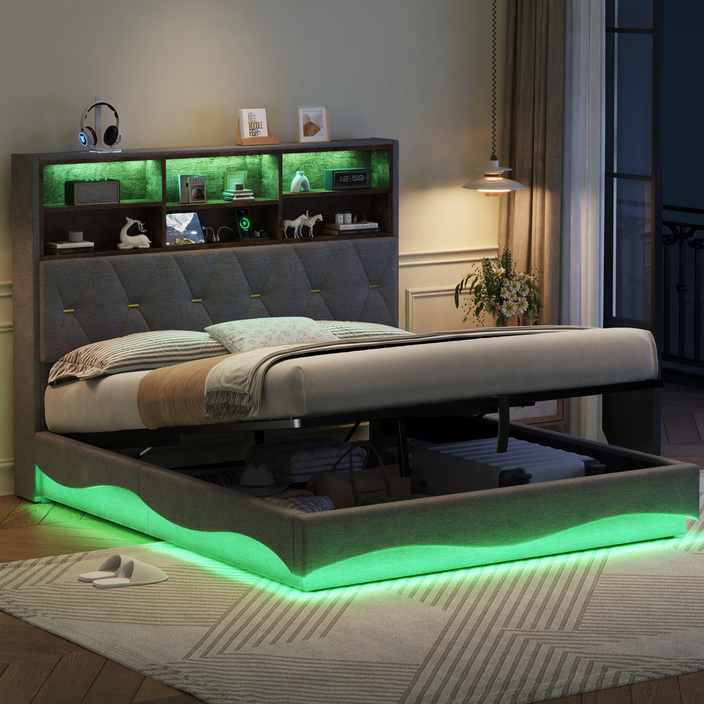 5ft King Upholstered Bed Frame with Hydraulic Storage, Wavy LED Heightened Headboard with Charging Station, USB and Type - C Ports, Linen, No Box Spring Needed, Grey (No Mattress)
