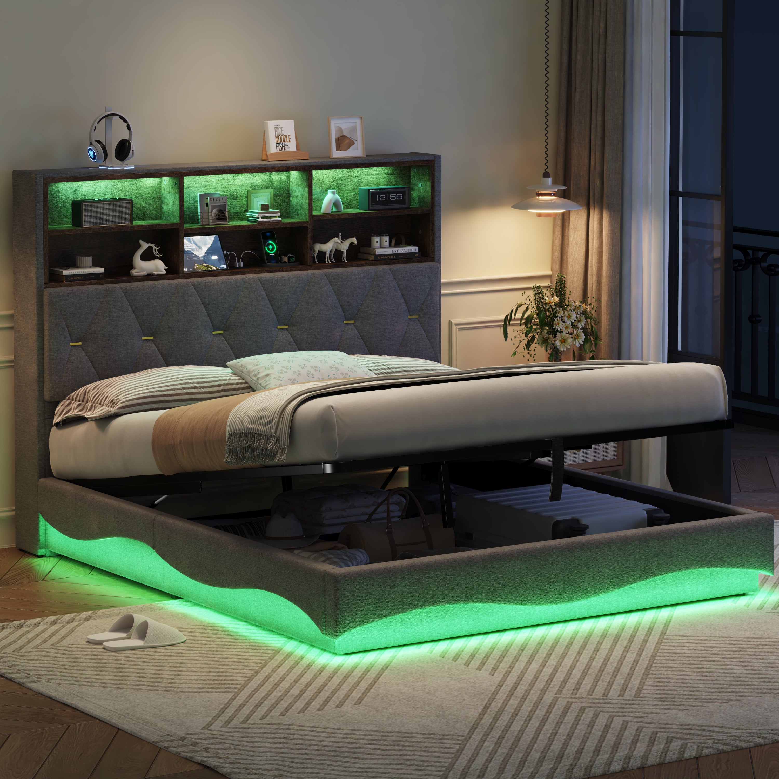 5ft King Upholstered Bed Frame with Hydraulic Storage, Wavy LED Heightened Headboard with Charging Station, USB and Type - C Ports, Linen, No Box Spring Needed, Grey (No Mattress)