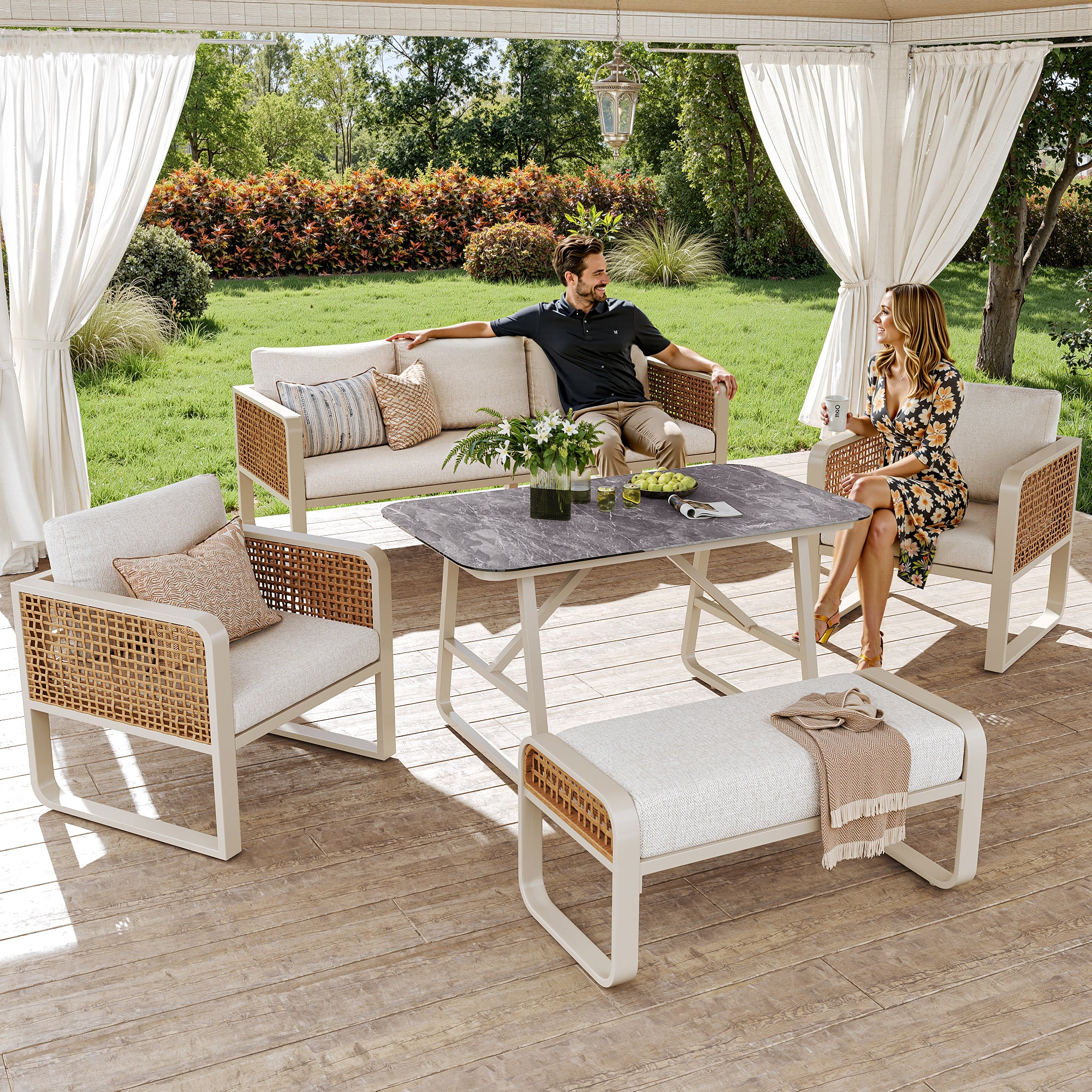 Garden Lounge Set for 6-7 People, PE Rattan Seating Group incl. Side Table, Garden Sofa with Washable Cushions, Adjustable Feet for Terrace, Balcony, Garden, Beige
