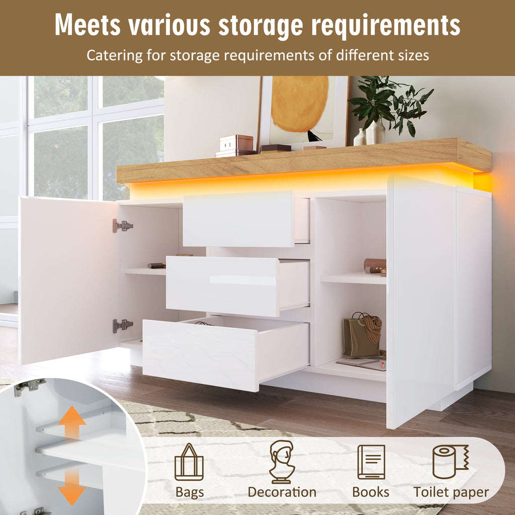 Chest of Drawers,High-gloss Sideboard Cabinet with 2 Doors and 3 Drawers,Storage with RGB LED(App-controlled),Multi-purpose Cabinet for Living Room and Bedroom, 81 x 140 x 39 cm, White