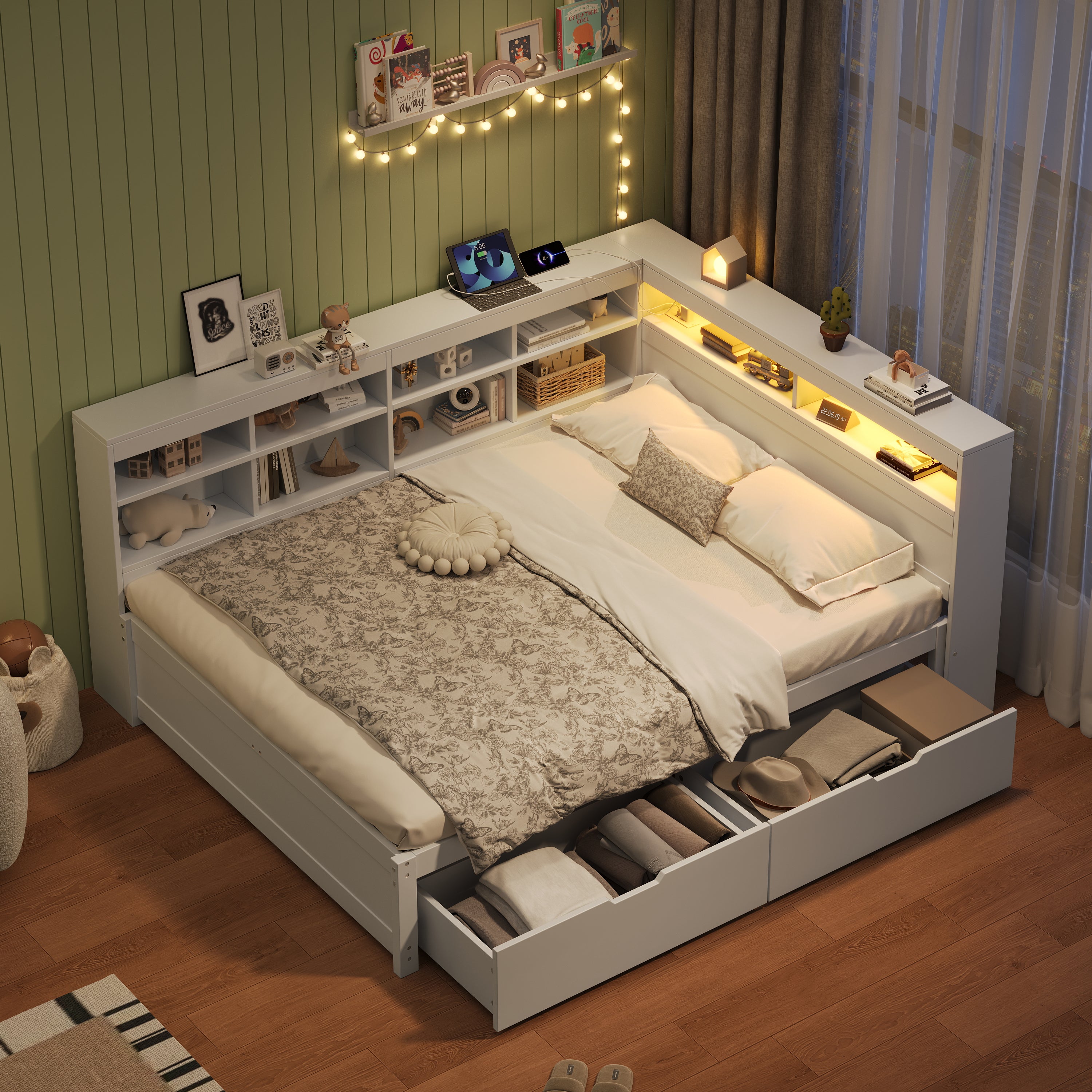 4ft6 Double Daybed with Two Storage Drawers and Beside Storage, LED Modern Bed frame with Charging Station, Wood Bed for Living Room/ Bedroom/ Study Room, 135X190cm, Easy Assembly, White (No Mattress)