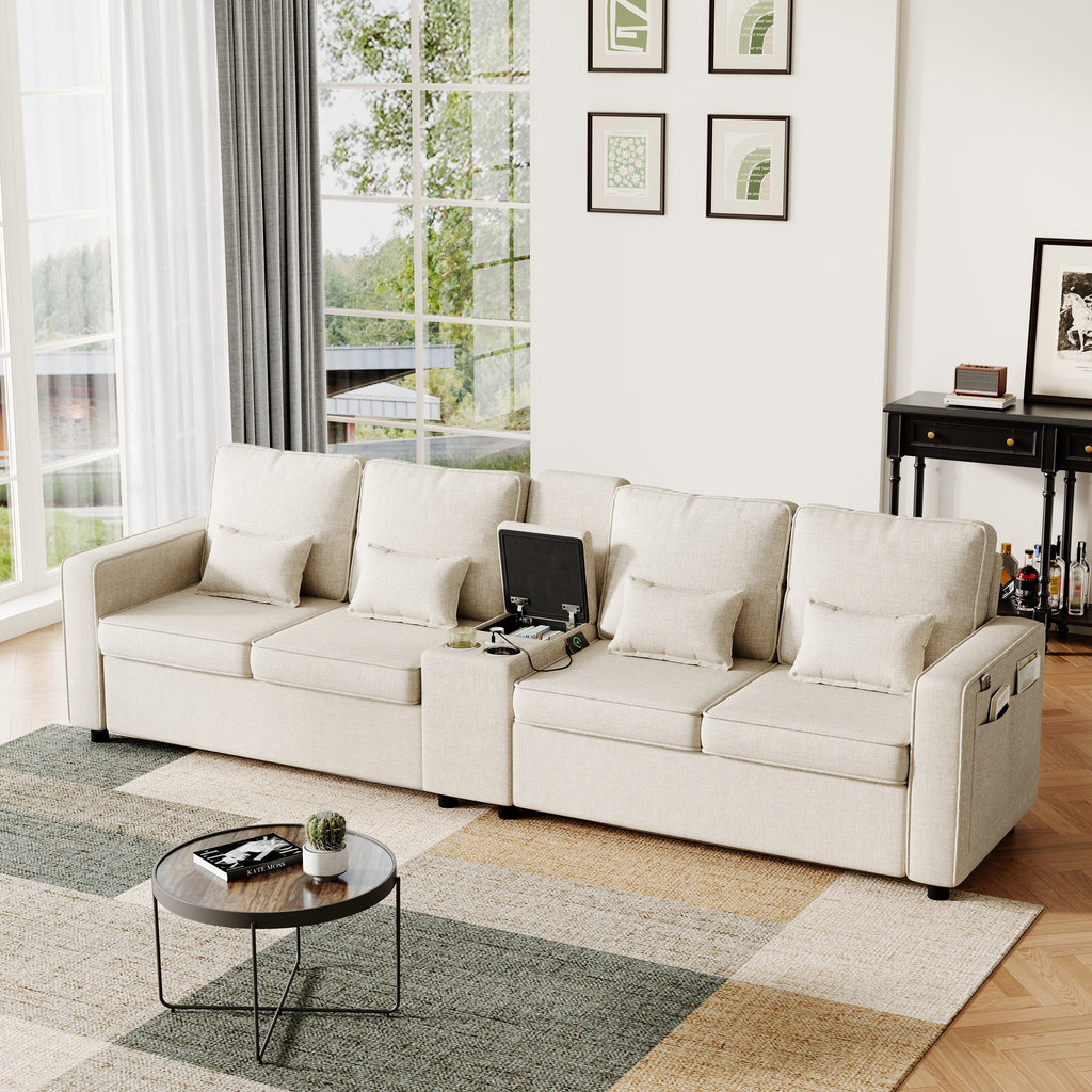 4-Seater Modern Sofa with Storage Console, Minimalist Style Couch with Side Pockets, Cup Holders and Charging Ports (USB & Type-C), for Living Room, Apartment, Office,Beige, Linen Fabric