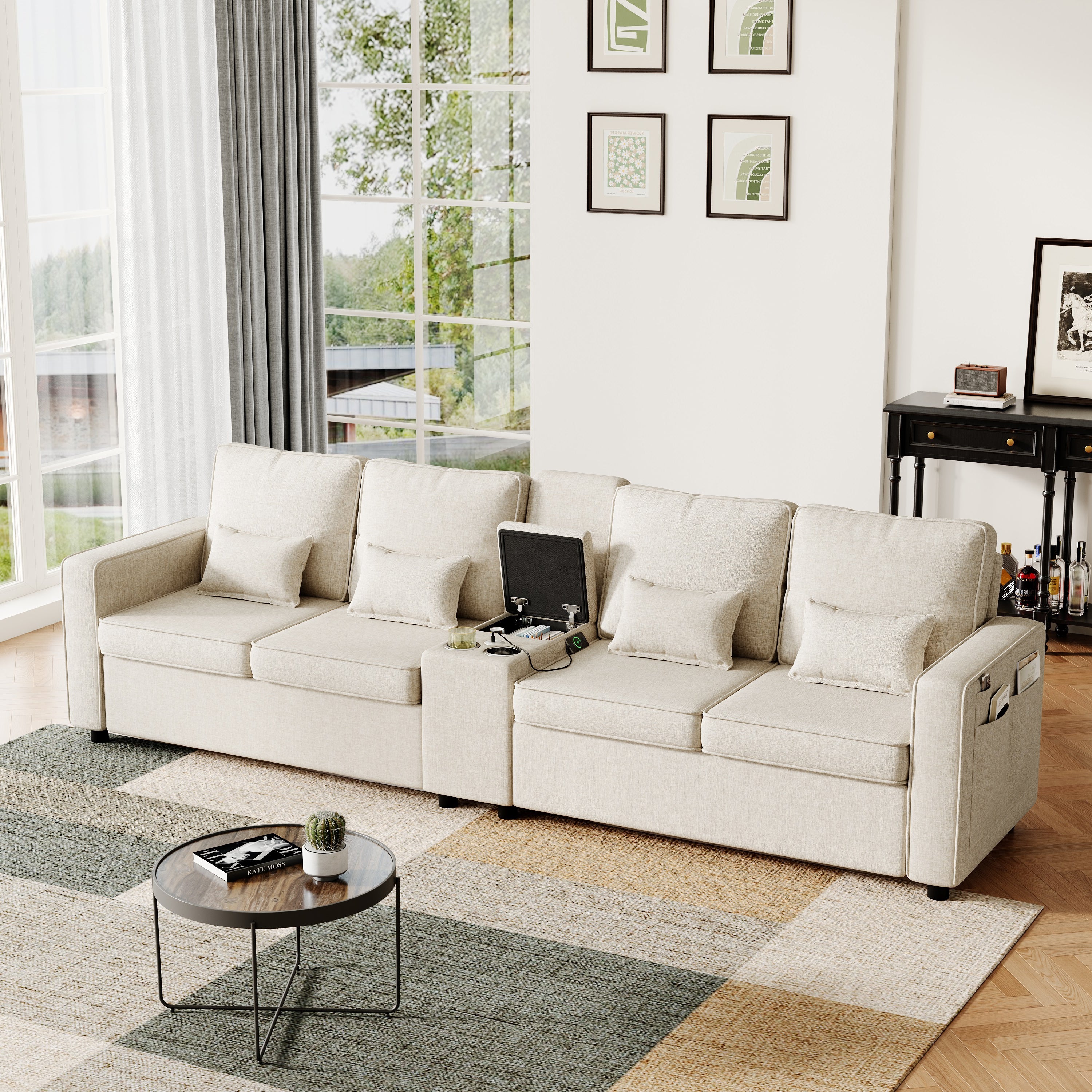 4-Seater Modern Sofa with Storage Console, Minimalist Style Couch with Side Pockets, Cup Holders and Charging Ports (USB & Type-C), for Living Room, Apartment, Office,Beige, Linen Fabric
