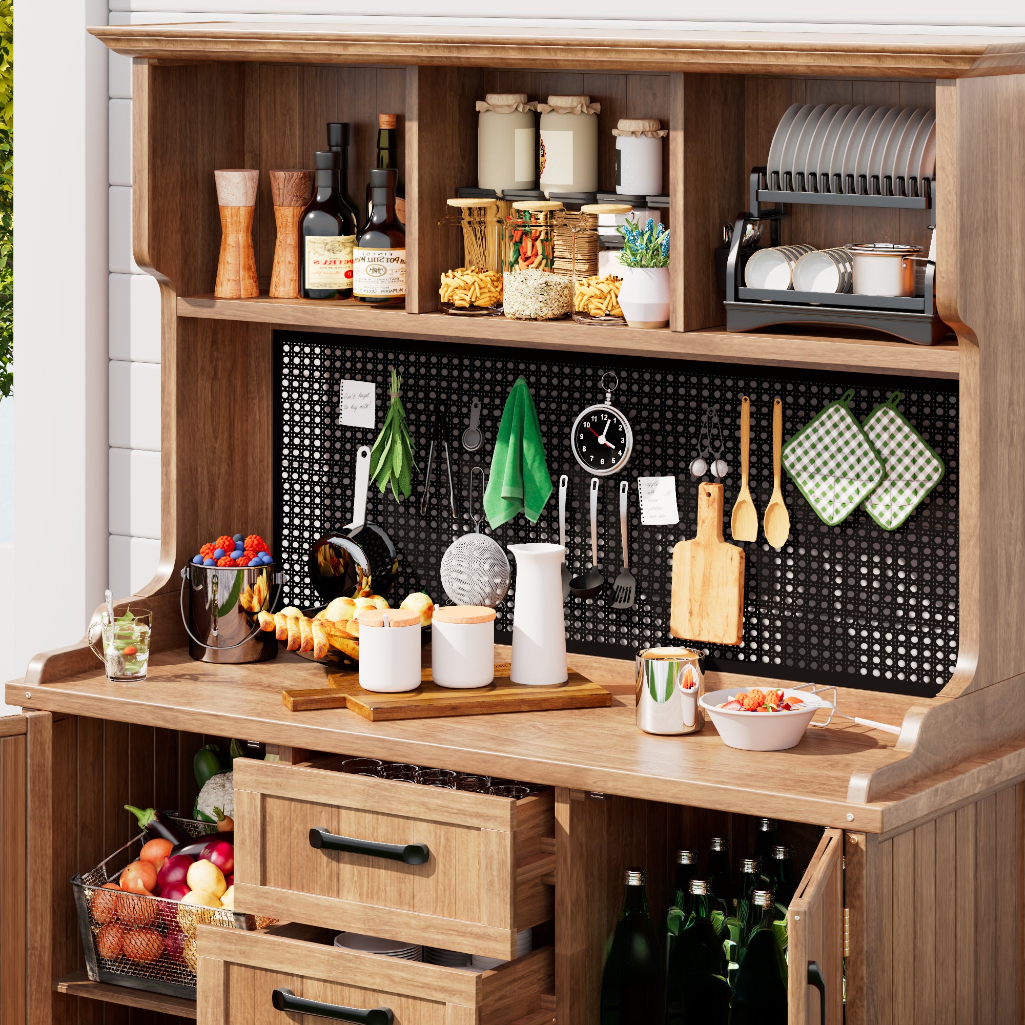 Wooden garden cabinet, garden tool cabinet made of solid fir wood – freestanding cabinet with 3 drawers, 3 compartments, metal pegboard and adjustable shelves