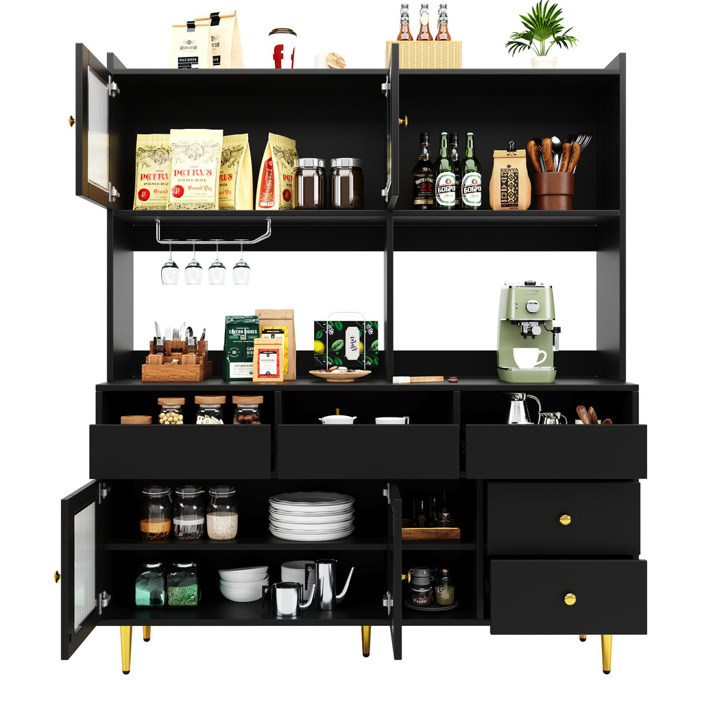 Multi-purpose Storage Cabinet(145 x 39 x 171 cm), Modern design, with Changhong glass door, Wine glass holder, Multi-layered storage space, Black with gold decoration, Suitable for home and restaurant