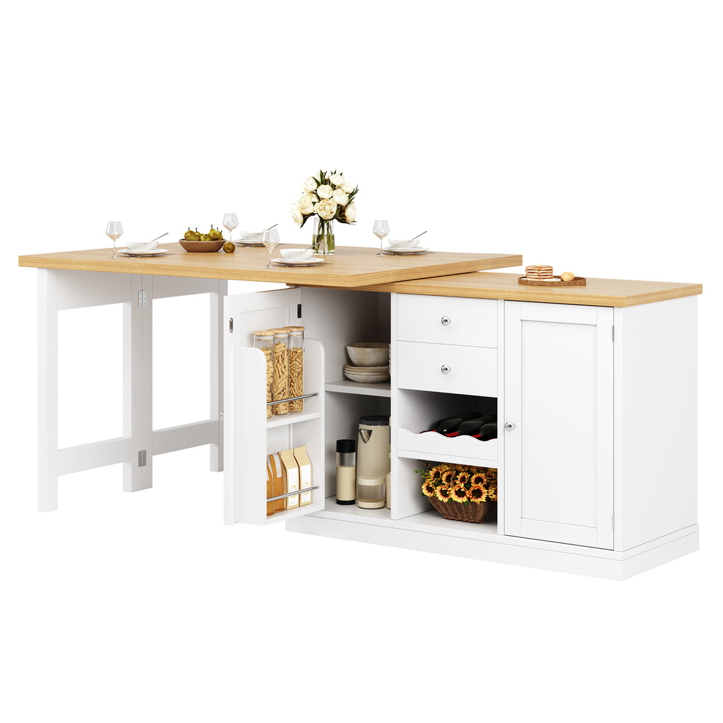 Extendable Sideboard & Dining Table Combo, 2 Drawers & Snack rack, Space-Saving Sideboard for Small Flats, White/Black