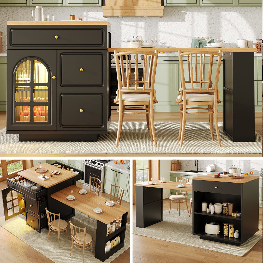 Extendable bar table with storage (122.5-195.5×70×93.5cm), with four drawers and curved glass door, kitchen island with extendable table, LED color light, for 2-6 people, kitchen dining cart with side