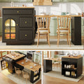 Extendable bar table with storage (122.5-195.5×70×93.5cm), with four drawers and curved glass door, kitchen island with extendable table, LED color light, for 2-6 people, kitchen dining cart with side