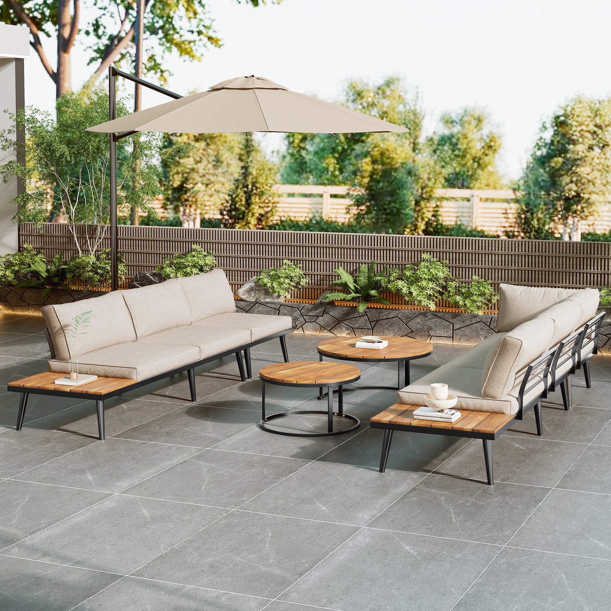 Modular Outdoor Sofa Set with Galvanized Iron Frame, Washable Cushions, Acacia Wood Nesting Tables, for Patio & Garden