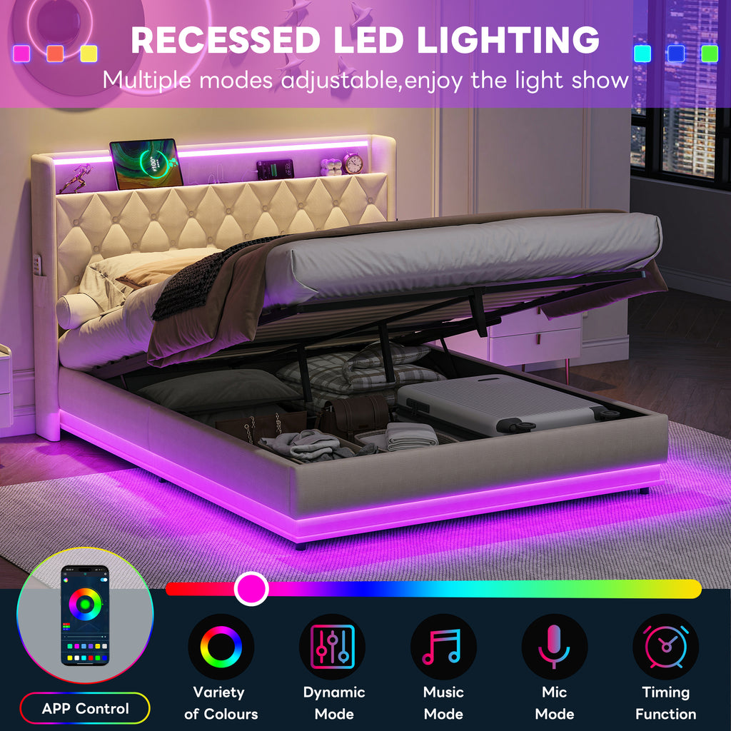 4ft6 Double Upholstered Bed Frame with Hydraulic Storage, Linen Ottoman Bed with LED Lighting and Charging Station, LED Button Tufted Headboard with USB and Type - C Ports, No Box Spring Needed, Beige