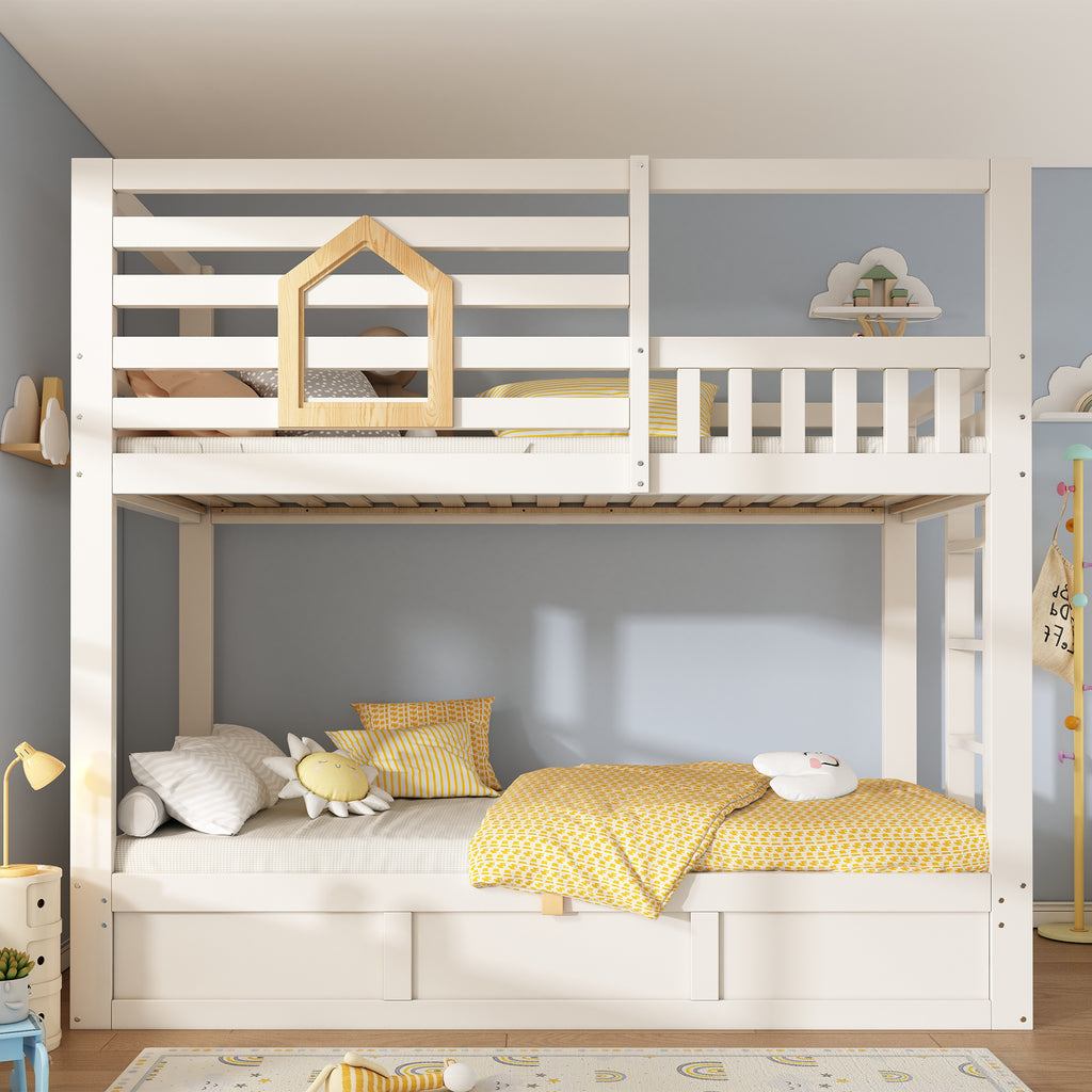 Bunk Beds for Kids with Ladder, Wooden Cabin Bed Hydraulic Storage, Children's House Bed, Twin Sleeper (90+90) x 190 cm, Solid Wood, White