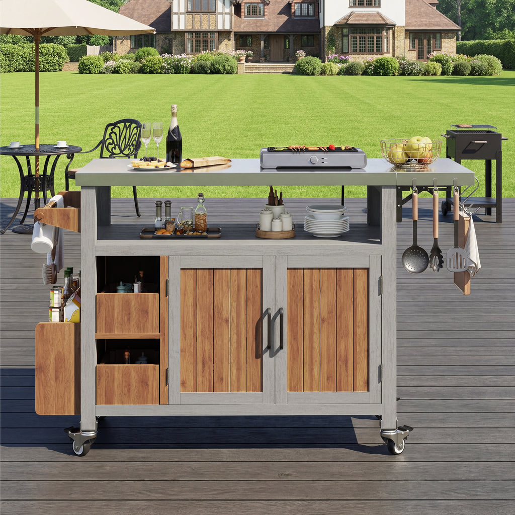 BBQ side table, mobile garden cabinet, weatherproof, stainless steel worktop, outdoor sideboard, serving trolley with pull-out side shelf, 3 hooks, shelf for snacks and spices, solid wood