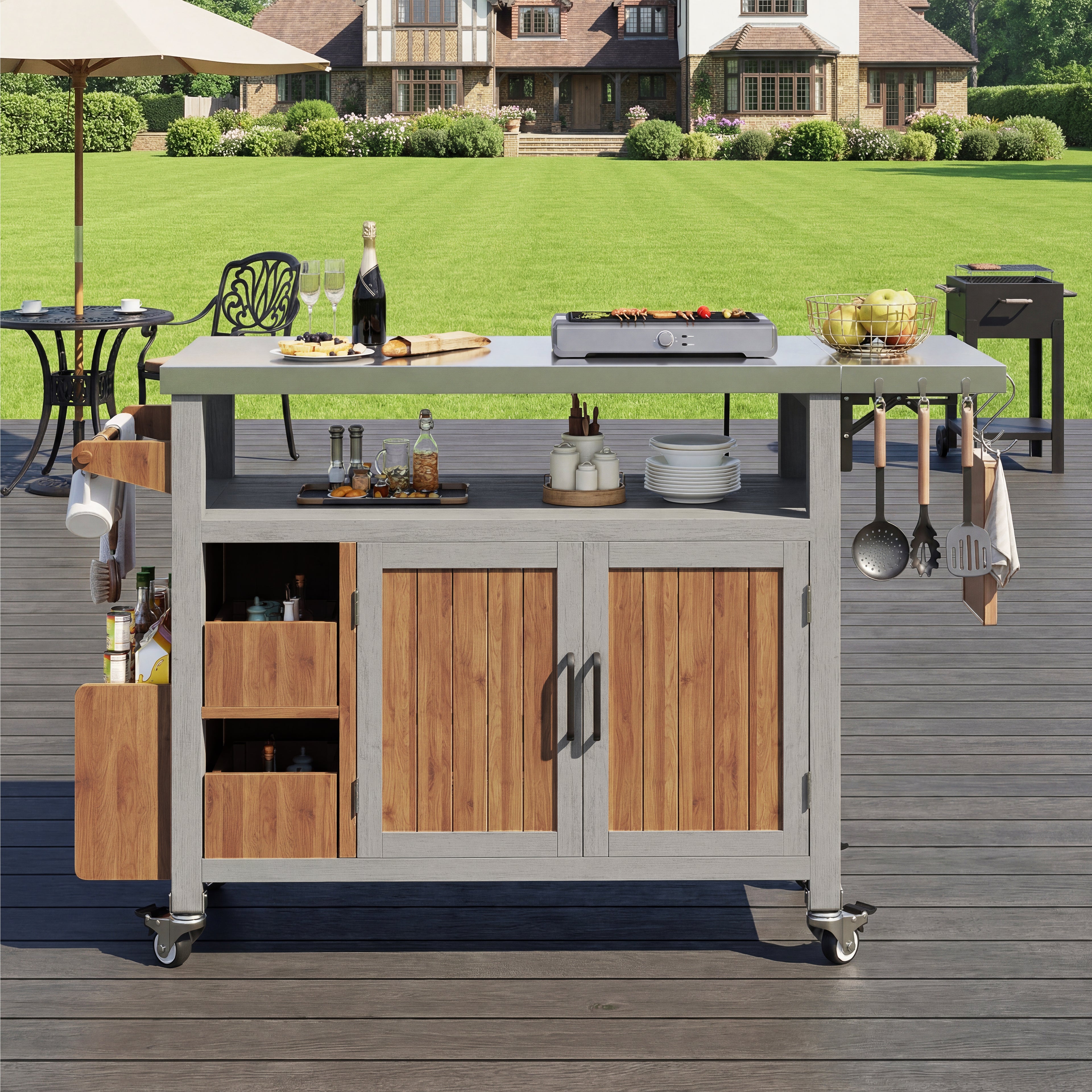 BBQ side table, mobile garden cabinet, weatherproof, stainless steel worktop, outdoor sideboard, serving trolley with pull-out side shelf, 3 hooks, shelf for snacks and spices, solid wood