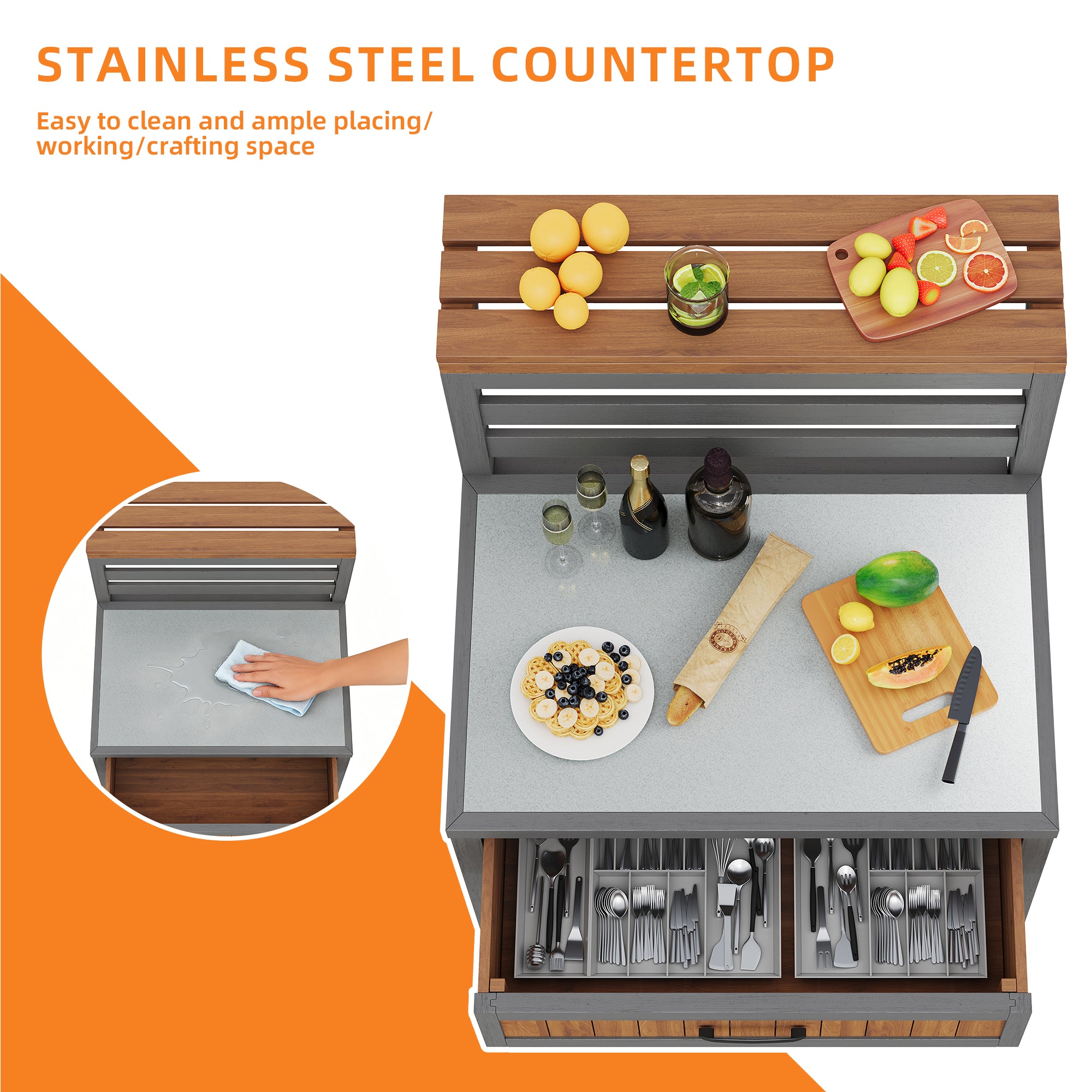 Wooden outdoor garden cabinet, outdoor cabinet with stainless steel worktop & large drawer, barbecue station with double shelf, tilt-proof design, weather-resistant kitchen cabinet for patios