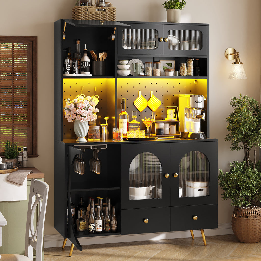 Tall Kitchen Cabinet with LED Lights & USB Ports, Modern Sideboard Storage Cabinet with Power Outlets, Perforated Wall, Drawer & Glass Shelves, for Kitchen & Living Room, 120x40x176 cm, Black