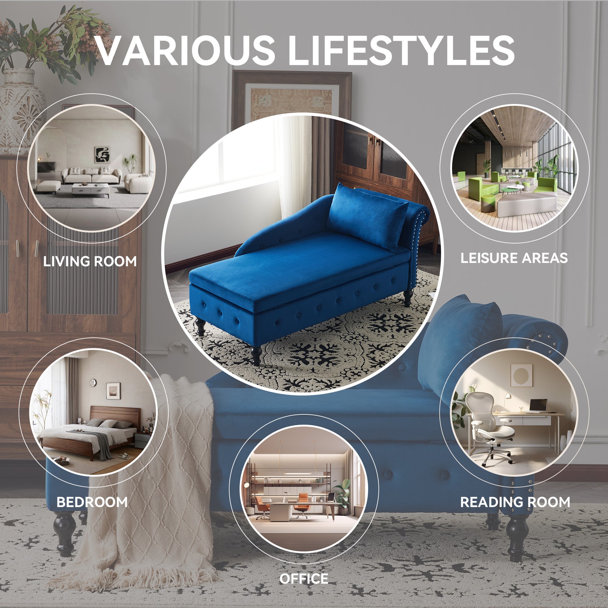 Velvet Chaise Lounge Sofa with Storage, Upholstered Chaise lounge Couch with Pillow for Living Room, Modern Nailhead-Trim & Button-tufted Lounge Chair, Bedroom and Office, Right Armrest