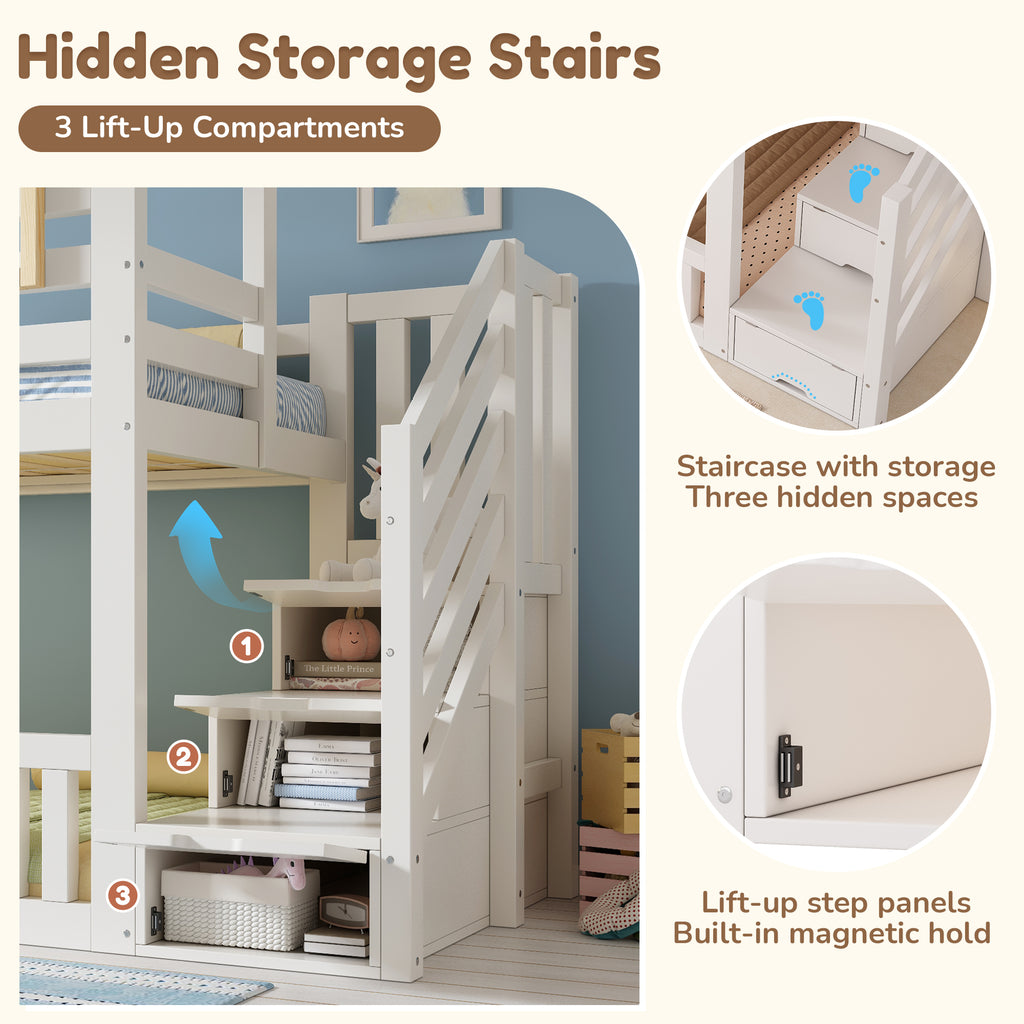 Bunk Beds for Kids, Wooden Cabin Bed with Staircase Storage, Multi-functional Tree-house Bed, Children's House Bed, Twin Sleeper (90+90) x 190 cm, Solid Wood, White