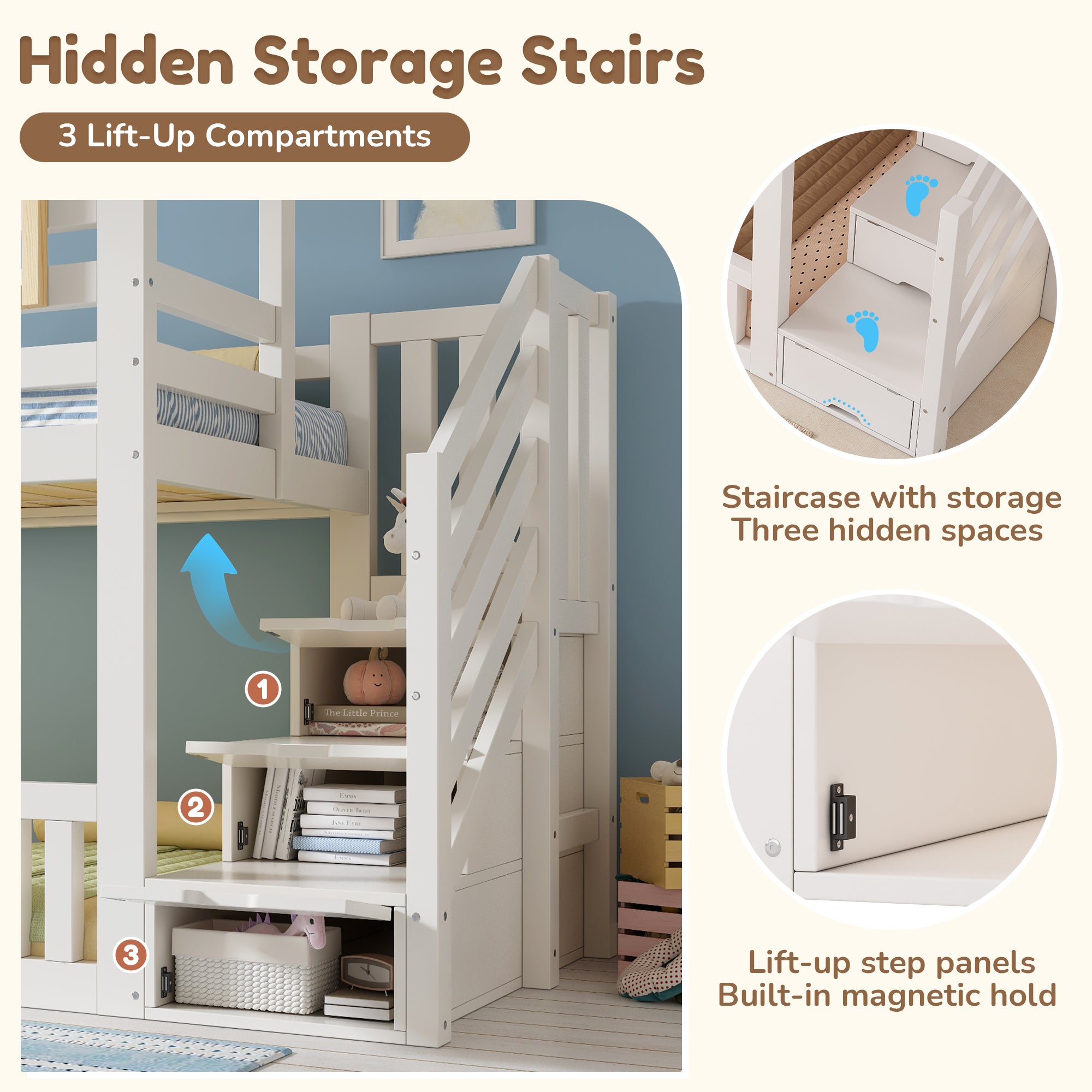 Bunk Beds for Kids, Wooden Cabin Bed with Staircase Storage, Multi-functional Tree-house Bed, Children's House Bed, Twin Sleeper (90+90) x 190 cm, Solid Wood, White