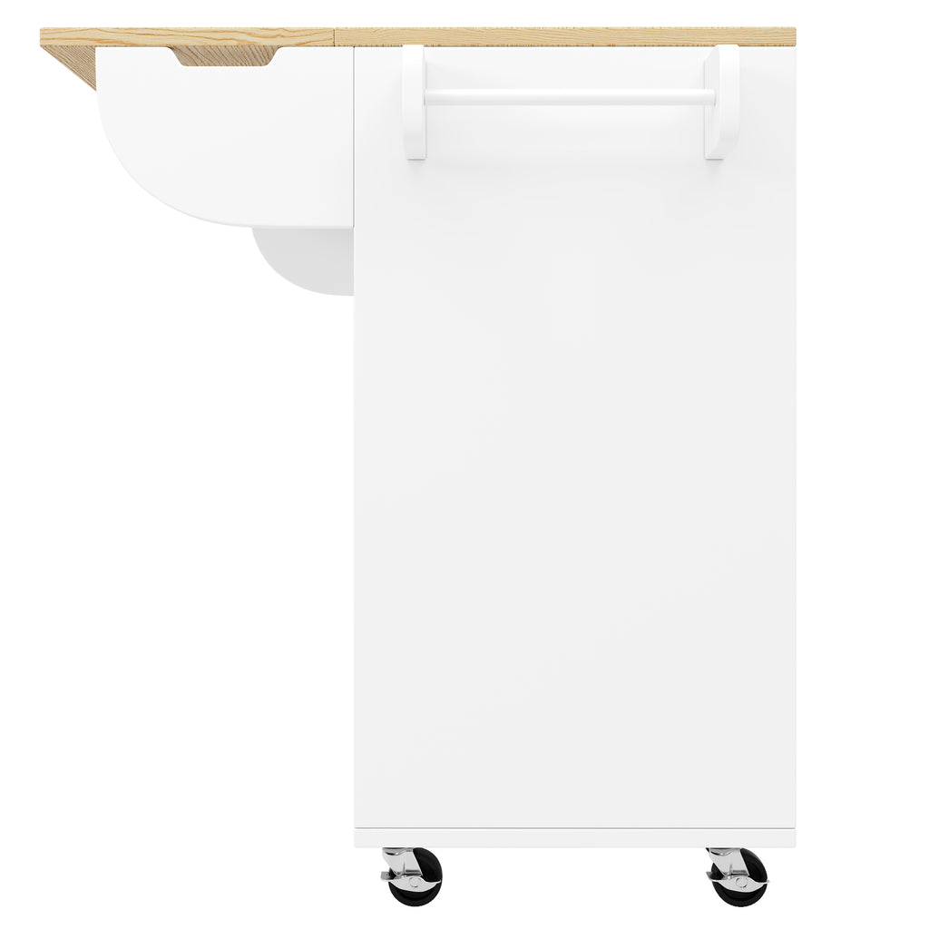 Kitchen cabinet, serving trolley with wood grain finish, kitchen trolley with castors and worktop, with spice rack and towel rail, kitchen island with sliding doors and drawers, white