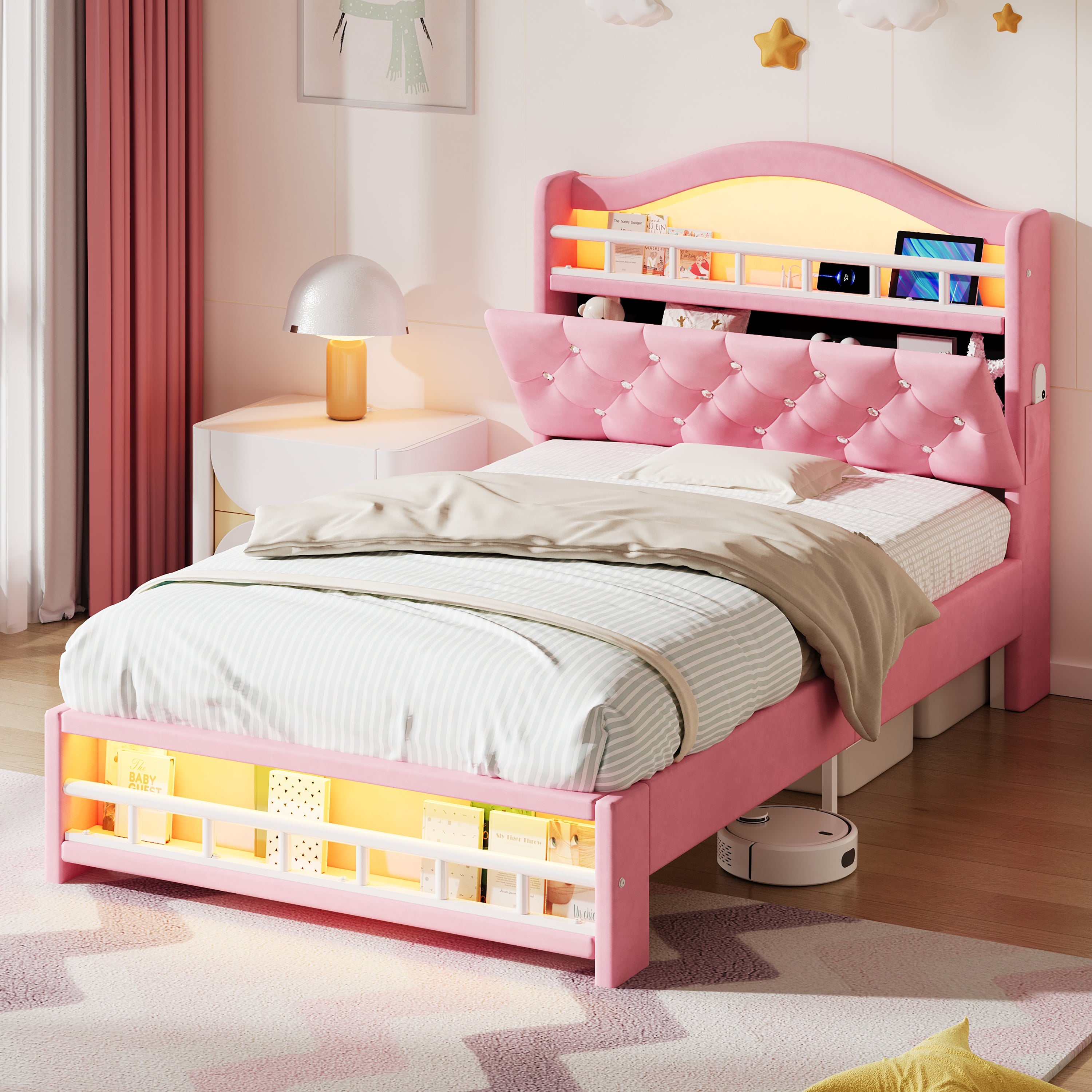 3ft Single Upholstered Velvet Bed Frame, LED Bed Frame with Charging Station & Diamond Tufted Headboard, Concealed Headboard Storage with USB and Type - C Ports, Easy Assembly, Pink (No Mattress)