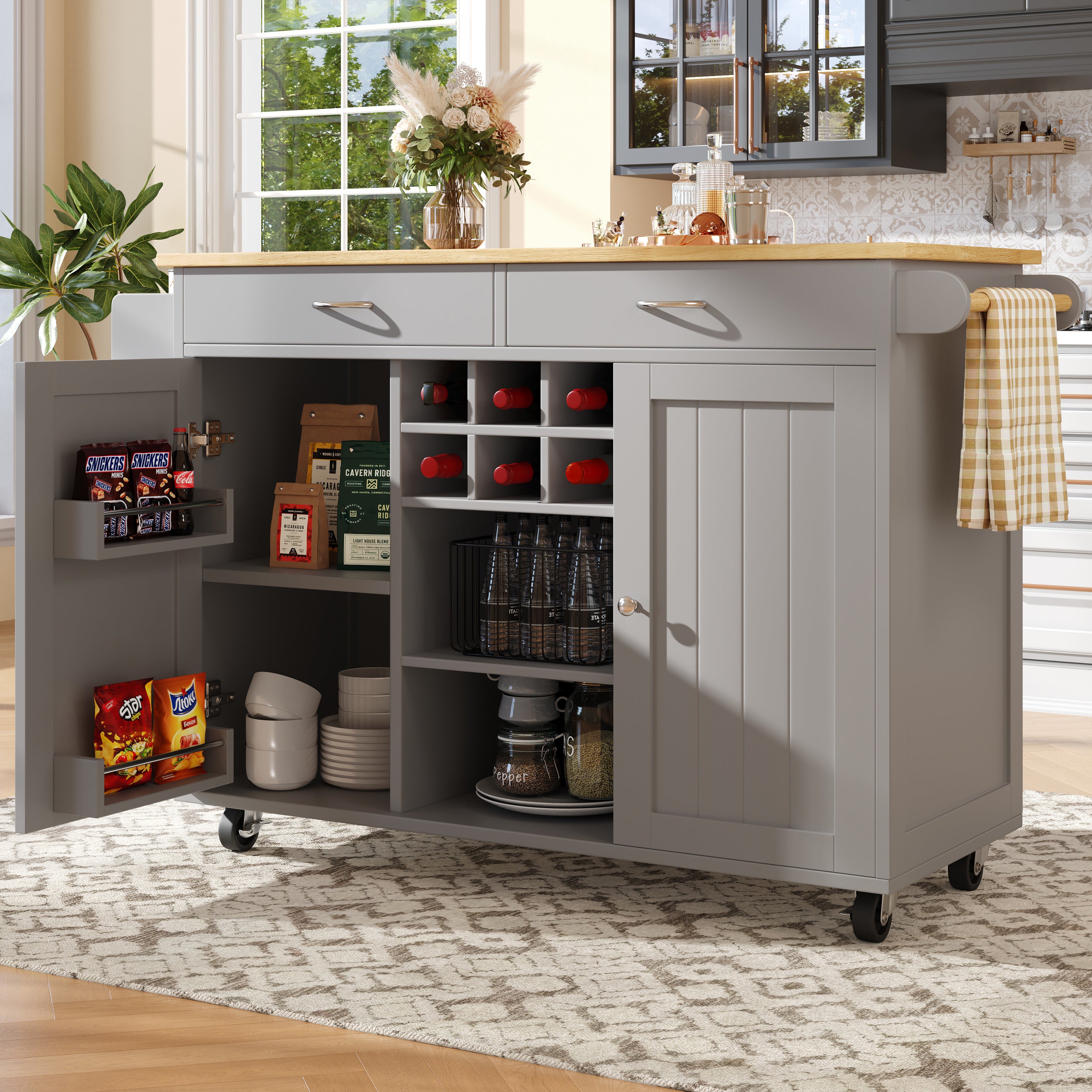 Modern Kitchen Island (102×45×92cm), Kitchen Cabinet, Sideboard, Serving Cart with Wood Grain, Sideboard, Multifunctional Dining Table with Storage, Gray