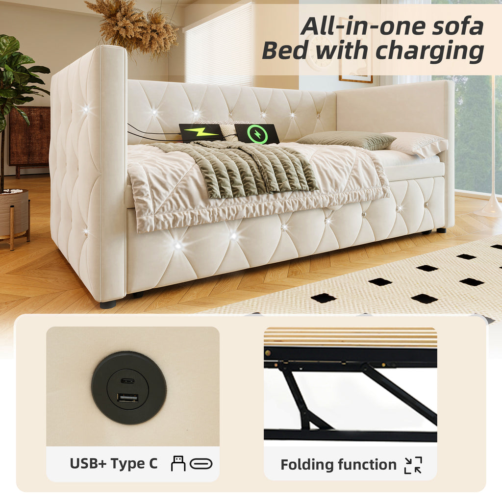 Daybed Single Upholstered Bed Sofa Bed with USB &Type C Charging Sations, 3FT Single Bed 90x190cm with Trundle ,Pull out Trundle for Living Room and Bedroom,Velvet ,Beige