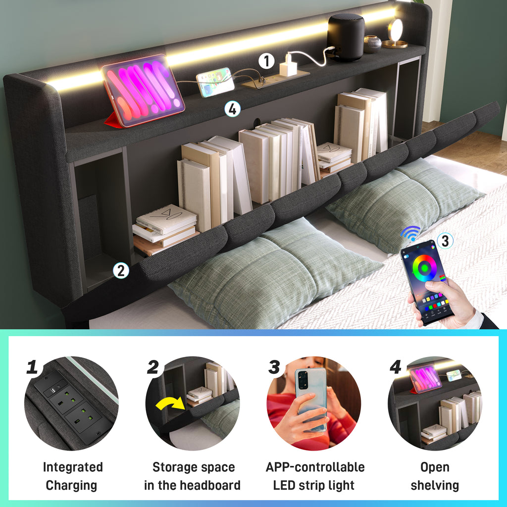 Upholstered Double Bed with USB charging function, storage headboard and LED lighting, 4ft6 Double Bed storage bed frame(135x190cm), Wooden Slatted Frame, Grey (Without Mattress)